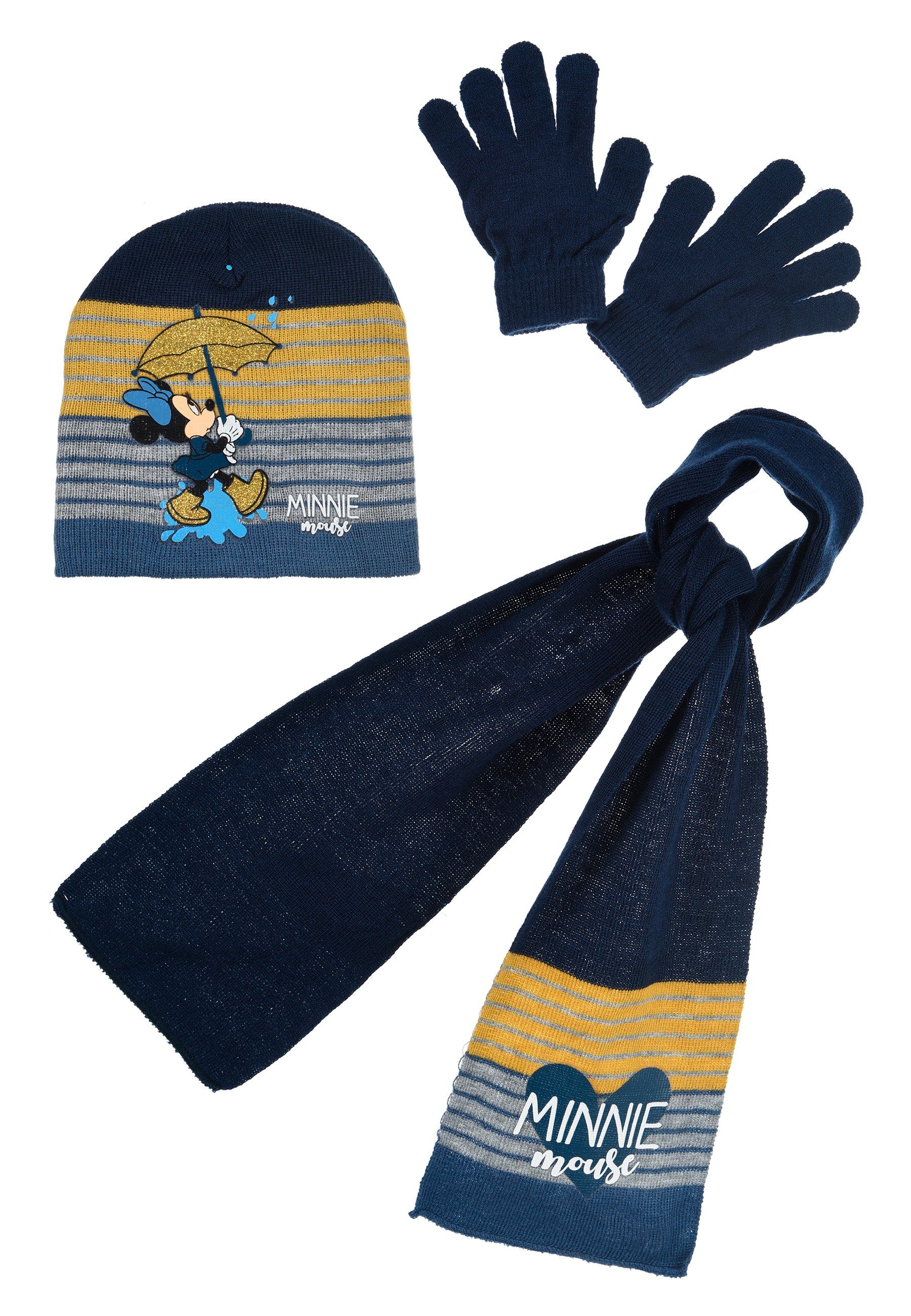Disney Minnie Mouse Beanie Mädchen Kinder Winter-Set 3 tlg. Mütze, Schal & Handschuhe (SET) Dunkel-Blau