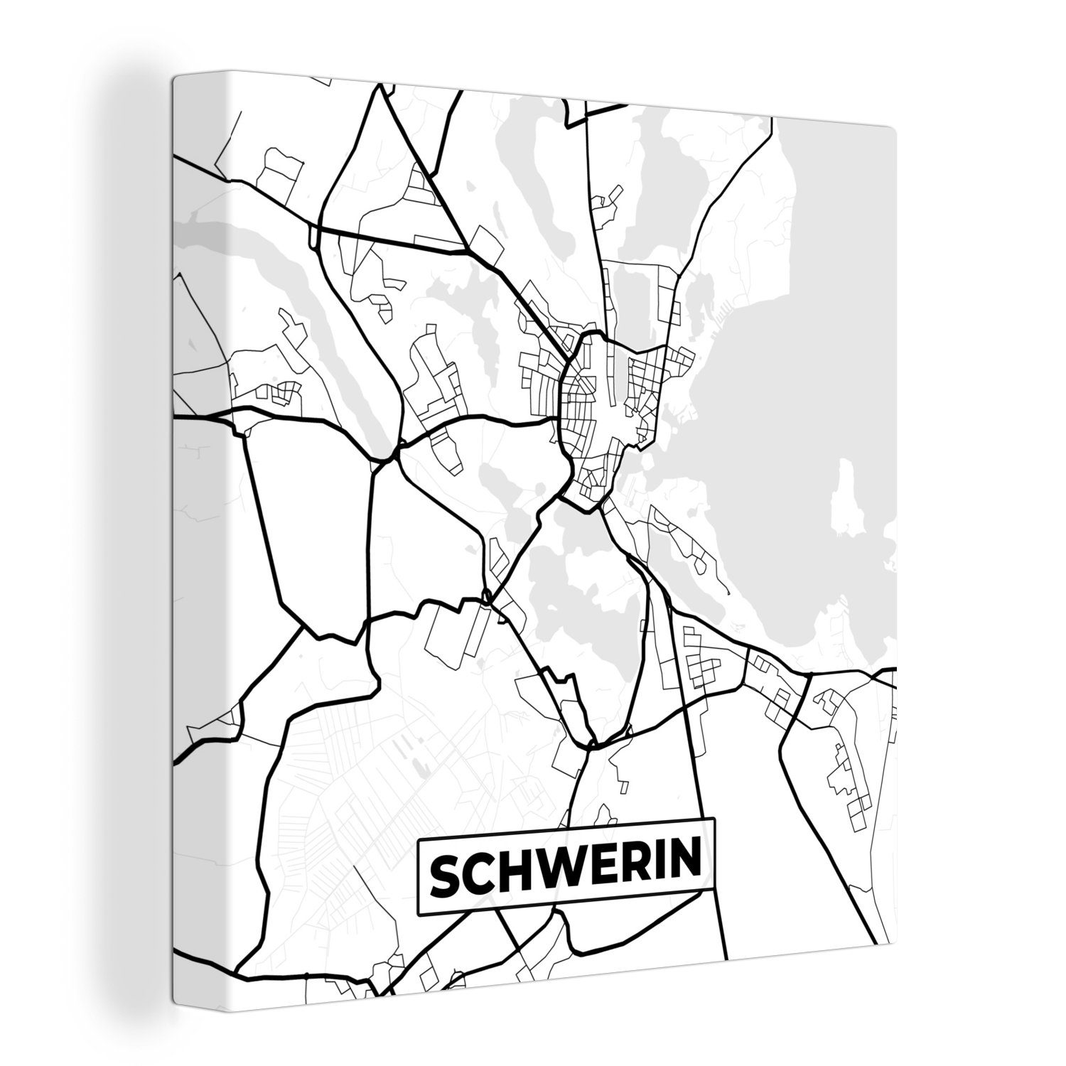 OneMillionCanvasses® Leinwandbild Stadtplan - Schwerin - Karte, (1 St), Leinwand Bilder für Wohnzimmer Schlafzimmer
