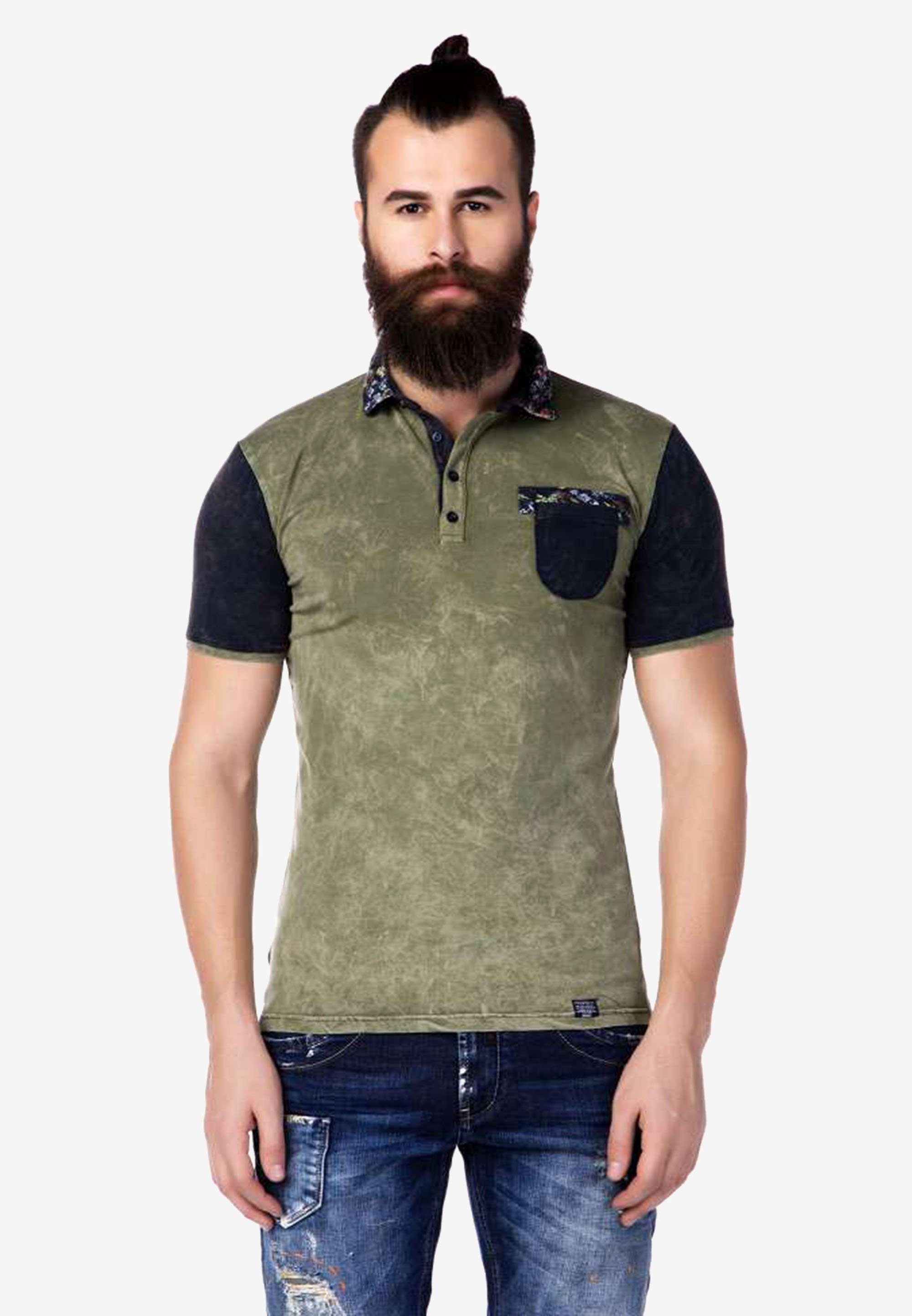 Cipo & Baxx Poloshirt im Color-Blocking-Stil khaki-schwarz