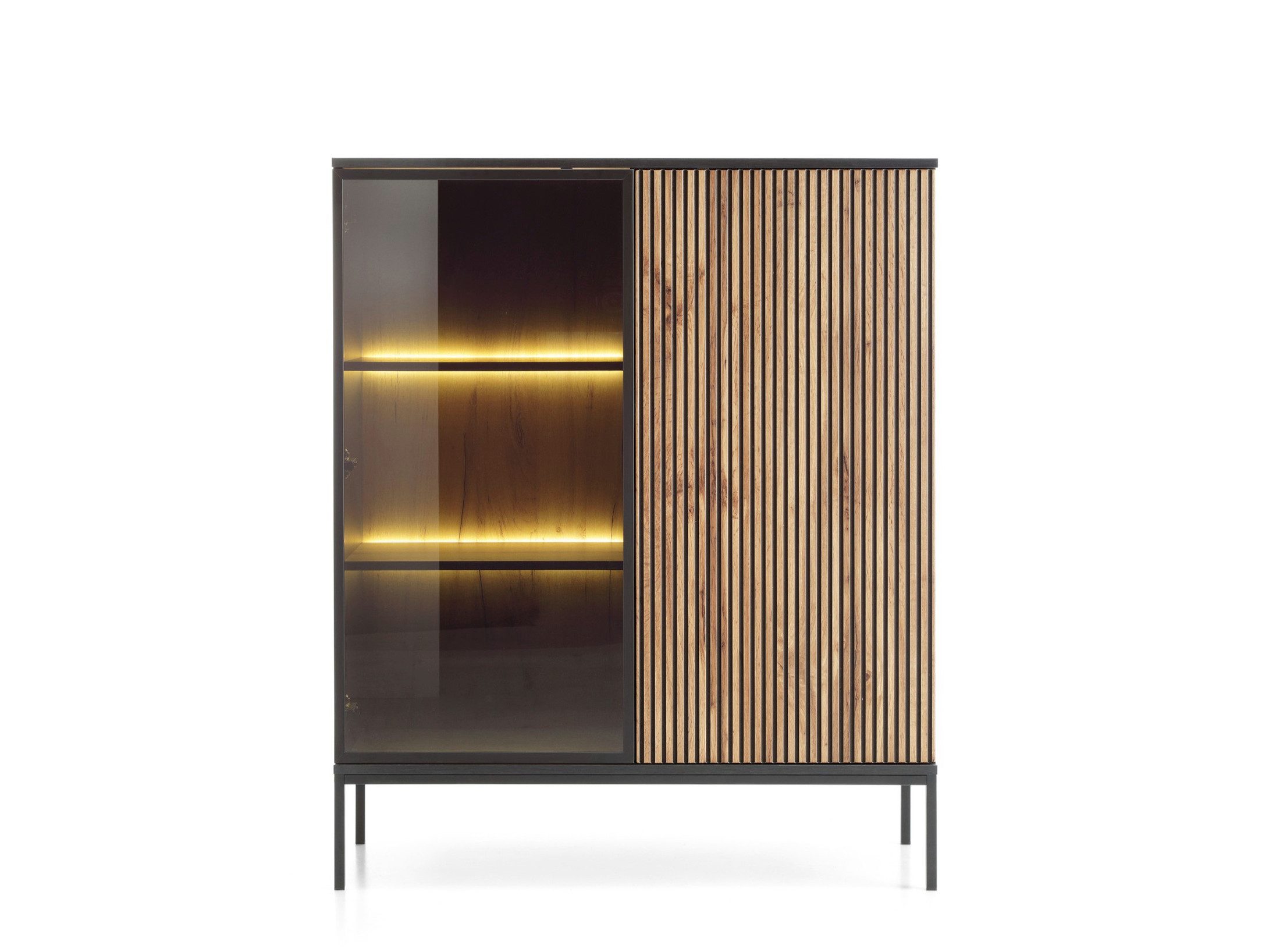 Goldstoff Vitrine NeoLoft LED Glasfront Push-to-Open Schwarz/Eiche 104x166