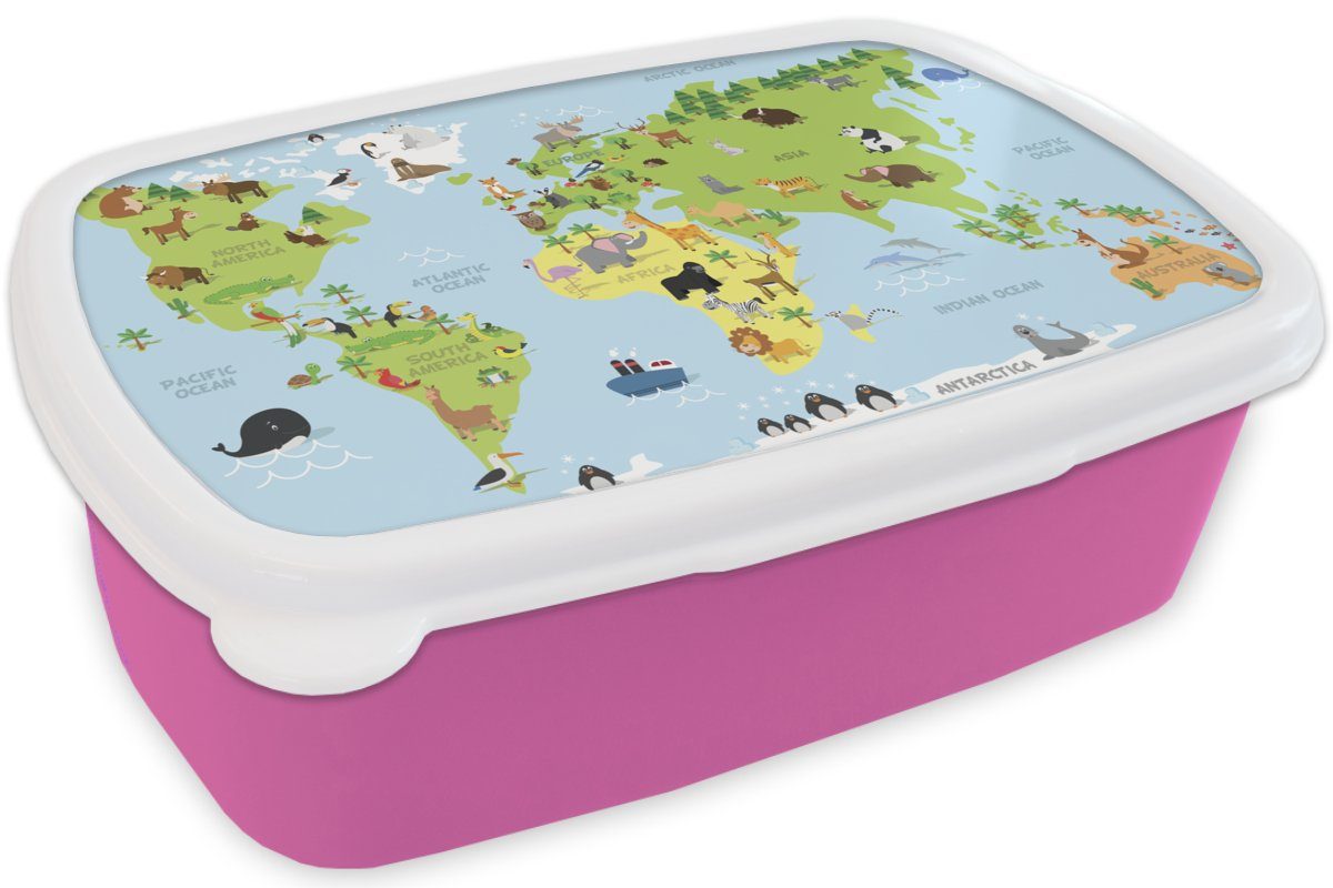 Lunchbox Kinder, - Erwachsene, Tiere Mädchen, Kunststoff, MuchoWow (2-tlg), Kinder Snackbox, Brotbox - Grün, Weltkarte Blau rosa - für - Kunststoff Brotdose