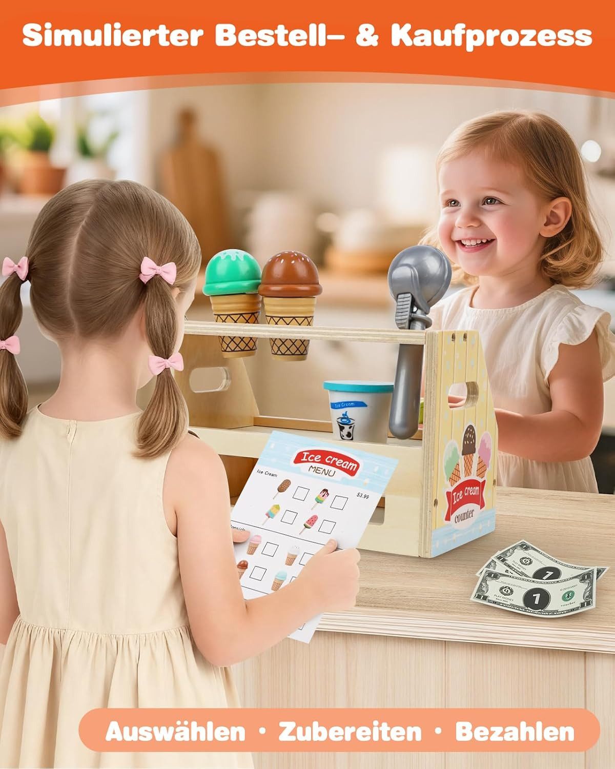 LaCute Spielküche Holz Eisdiele Spielset 36-teilig Kinder Eisstand Zubehör Kaufladen Holz, Realistisches Rollenspiel fördert Kreativität Sprache Sozialverhalten