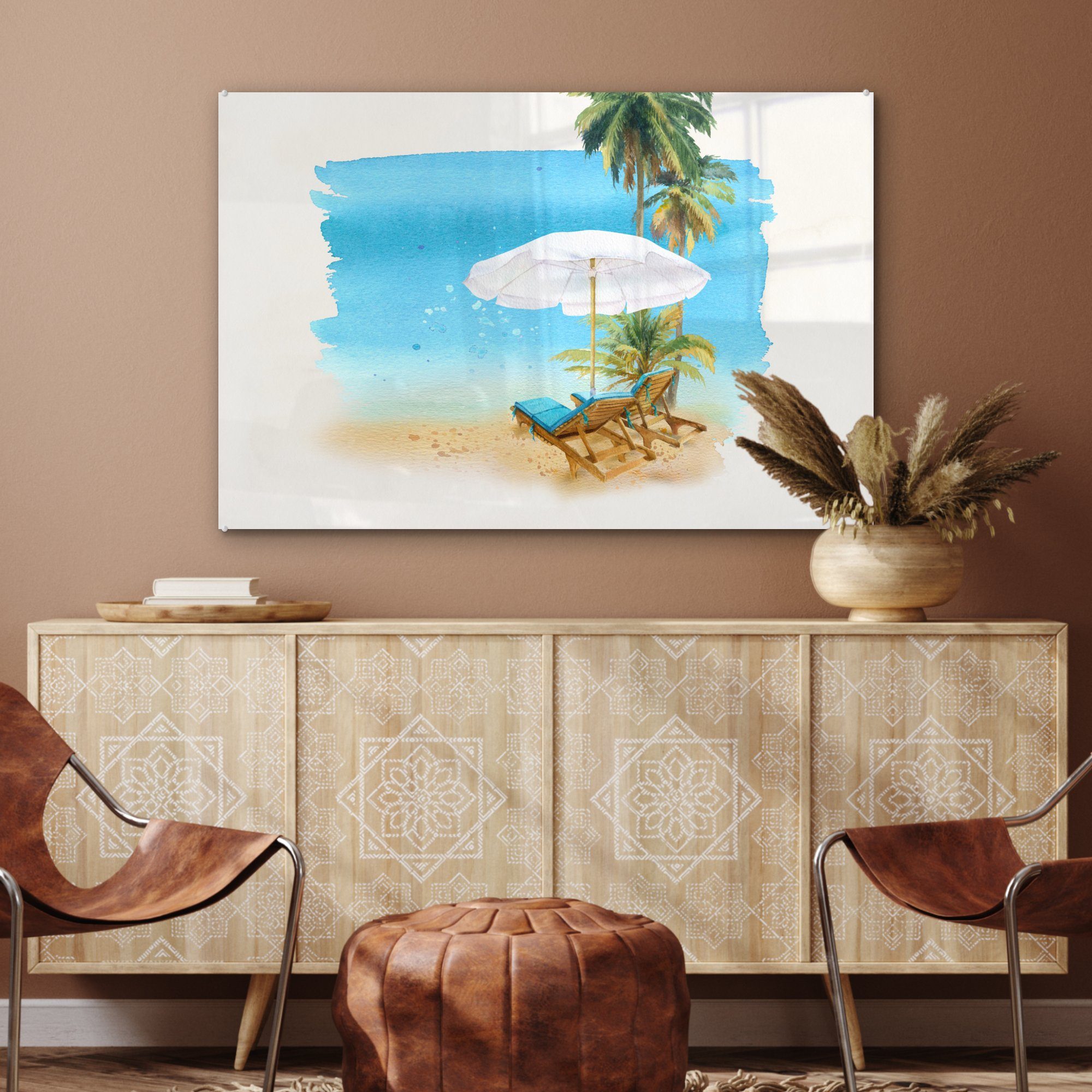 Acrylglasbild Acrylglasbilder Strandkorb - (1 - St), MuchoWow Sonnenschirm Schlafzimmer Wohnzimmer & Wasserfarben, - Palmen