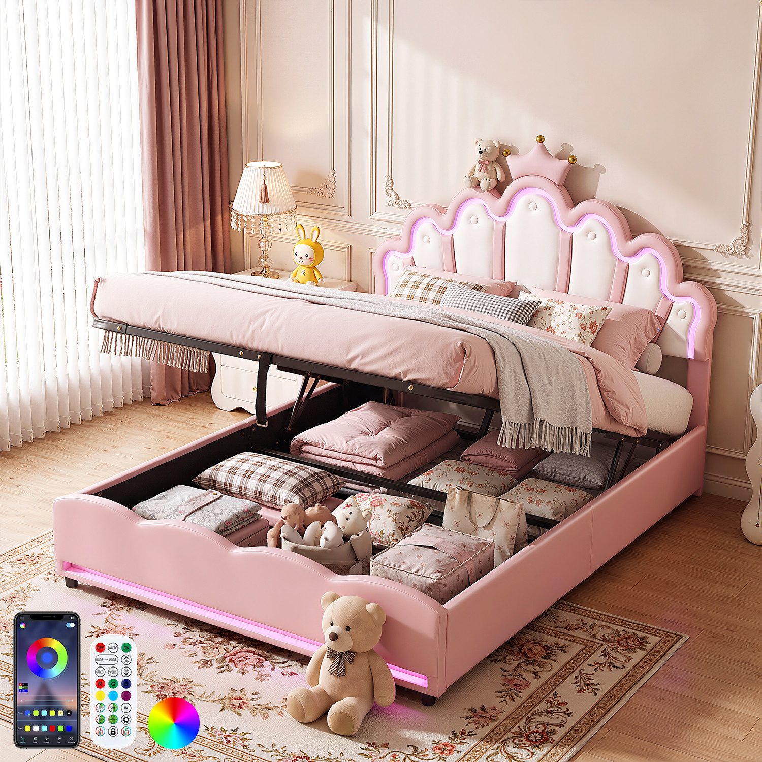 oyajia Polsterbett LED Kinderbett mit krone-Form Prinzessinnenbett (PU-Leder material Polsterbett mit Lattenrost und verstellbares gepolstertes Kopfteil), Modernes Jugendbett, Leises Design, Einfach zu montieren und stabil