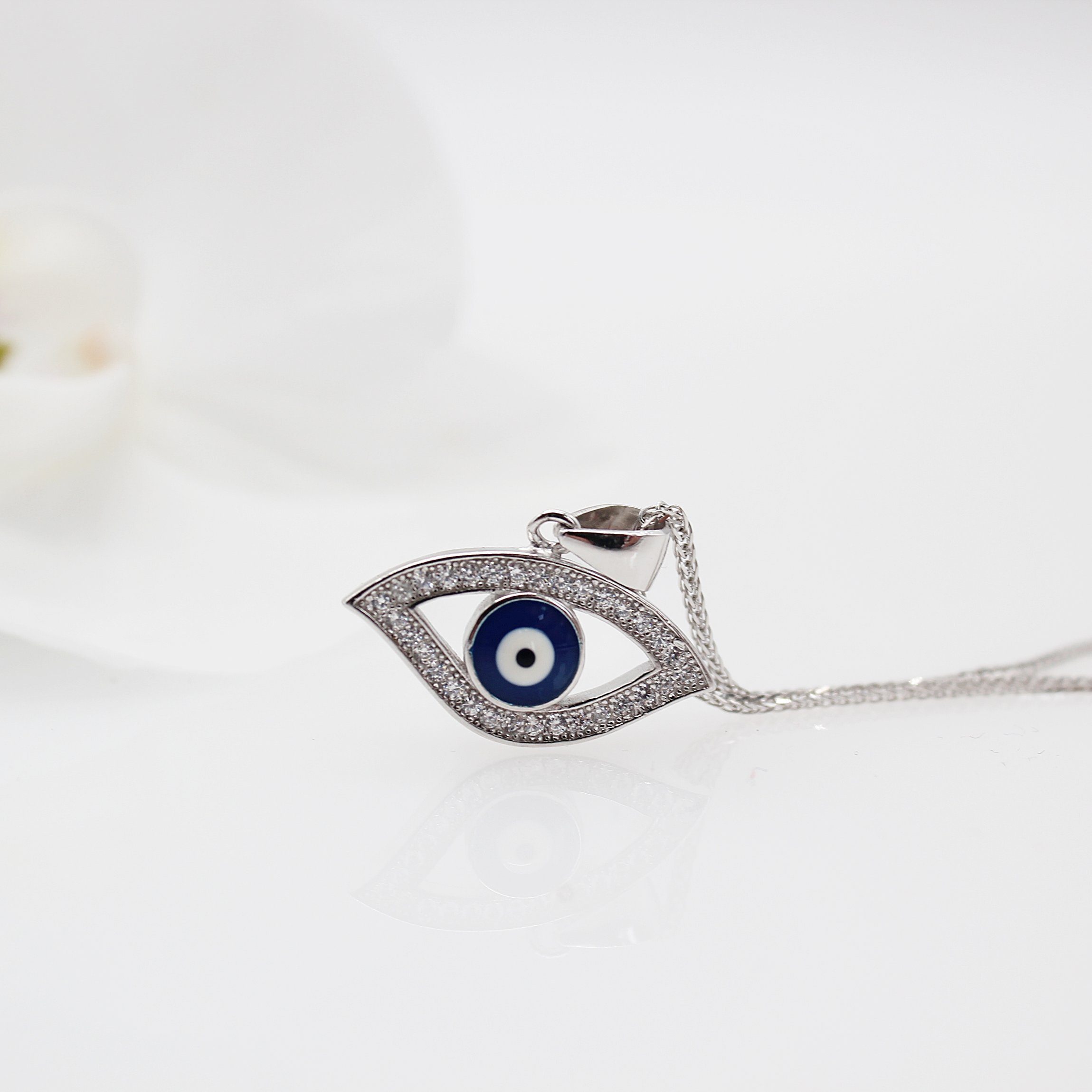 ELLAWIL Silberkette Kette mit Blue (Kettenlänge 925), cm, 45 türkis Eye Silber Zirkonia Mädchen Damen Geschenkschachtel Anhänger Sterling inklusive Halskette