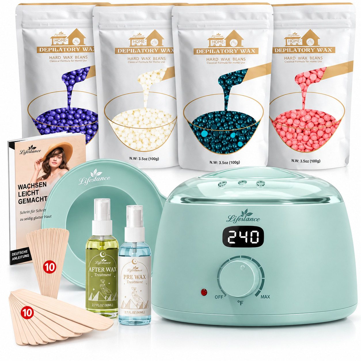 TSE Warmwachs-Haarentferner Lifestance Waxing Set mit LED Wachswärmer Mintgrün 400g Wachs, Komplett Set