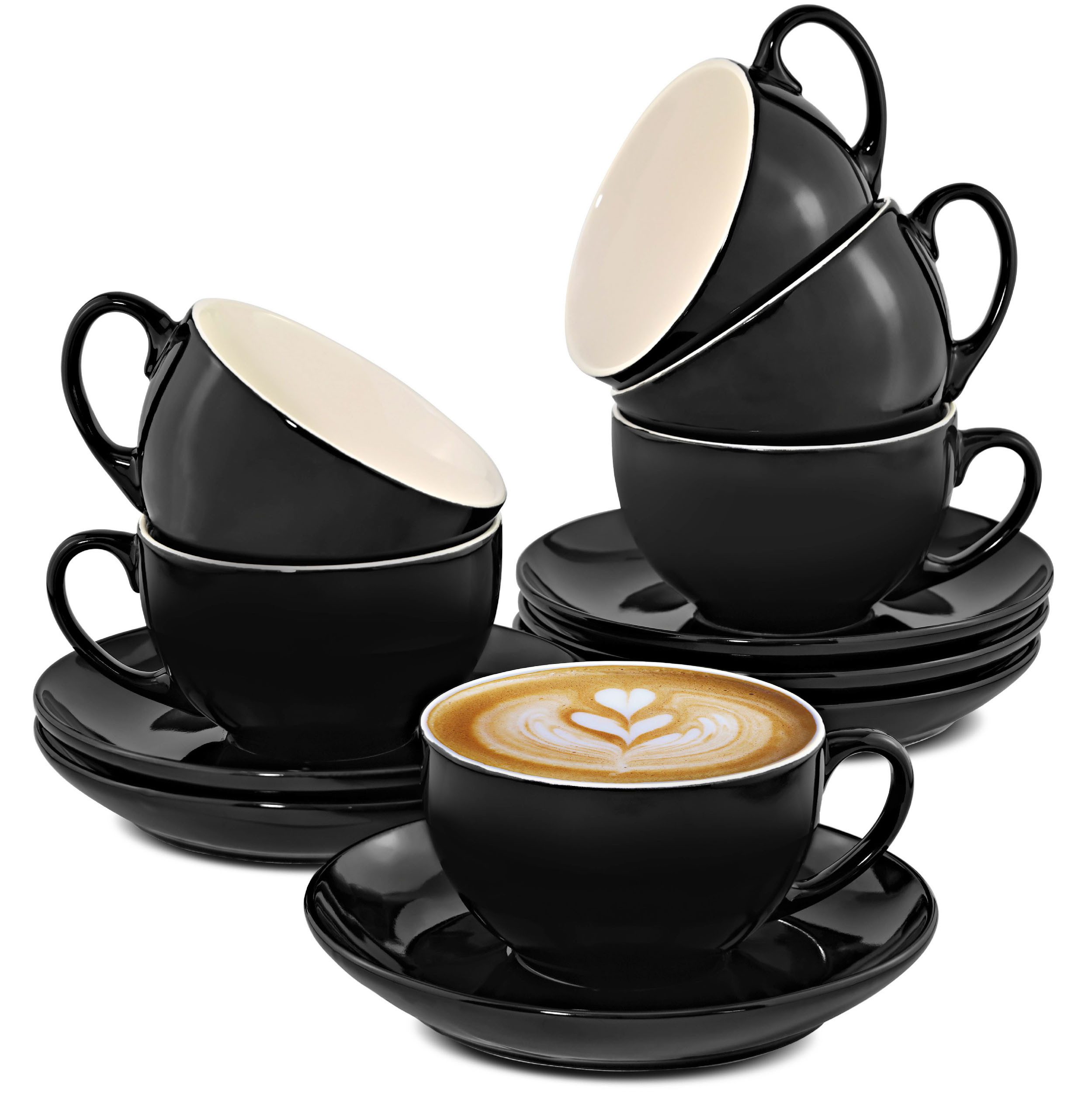 Cosumy Cappuccinotasse 6 Cappuccino Чашки Set Schwarz, Keramik, Mit Untertassen - Hält Lange warm - Spülmaschinenfest - 180ml