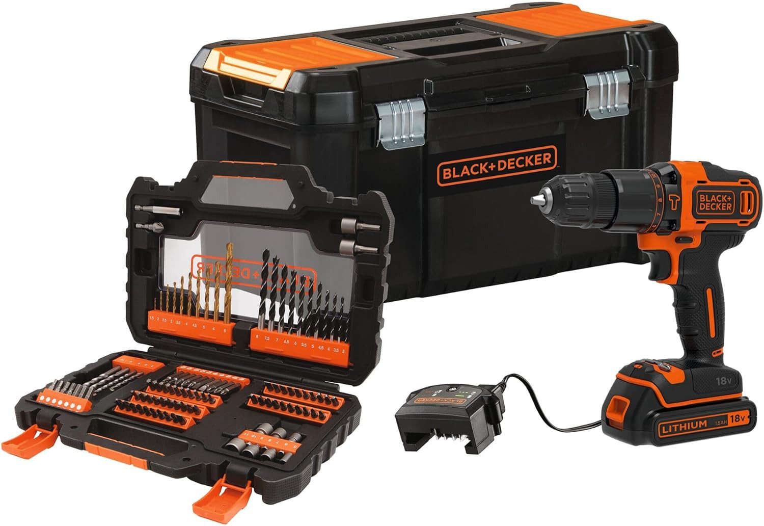 Black + Decker Akku-Schlagbohrschrauber Akku-Schlagbohrschrauber inkl. 104tlg. Zubehör im Koffer, (1-tlg)