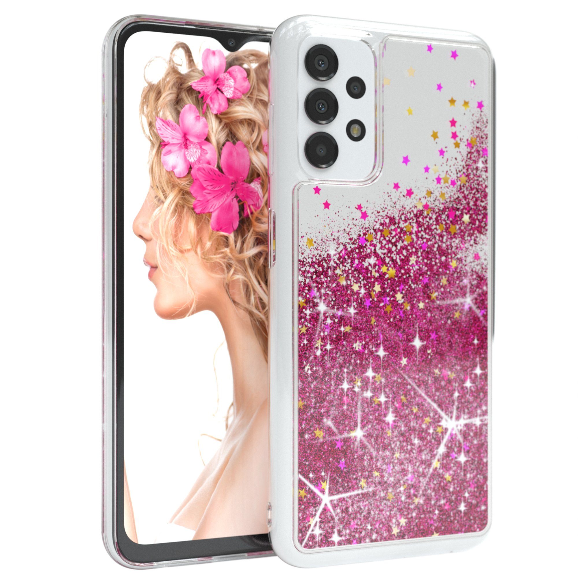 EAZY CASE Handyhülle Liquid Glittery Case für Samsung Galaxy A13 4G 6,6 Zoll, Glitzerhülle Shiny Slimcover stoßfest Durchsichtig Bumper Case Pink