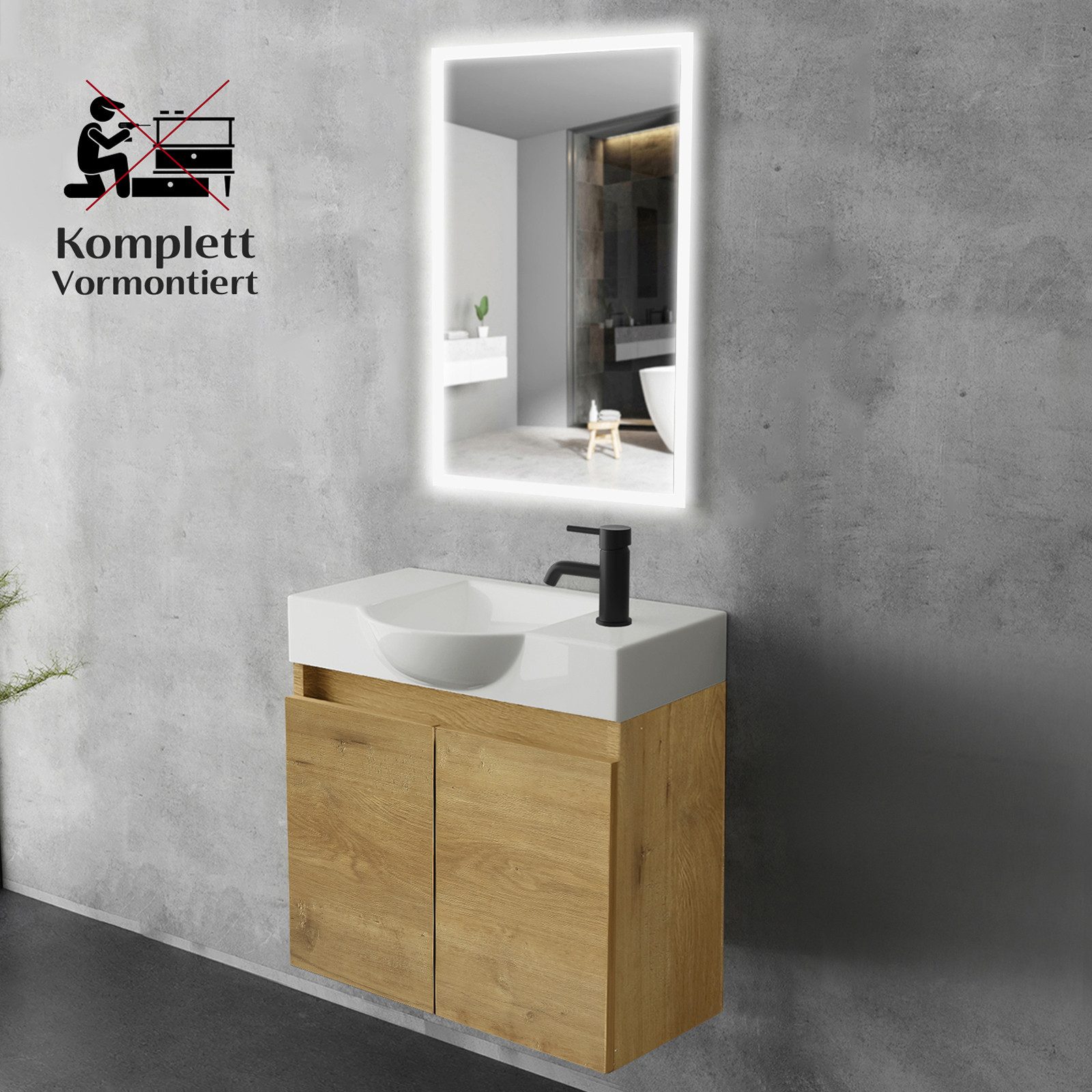 Alpenberger Badmöbel-Set Waschbecken mit Unterschrank und Spiegel Gäste WC Waschtisch Set 55 cm, (Waschtisch mit Unterschrank Hängend, Gäste WC Möbel mit Spiege – Bild 3 von 5