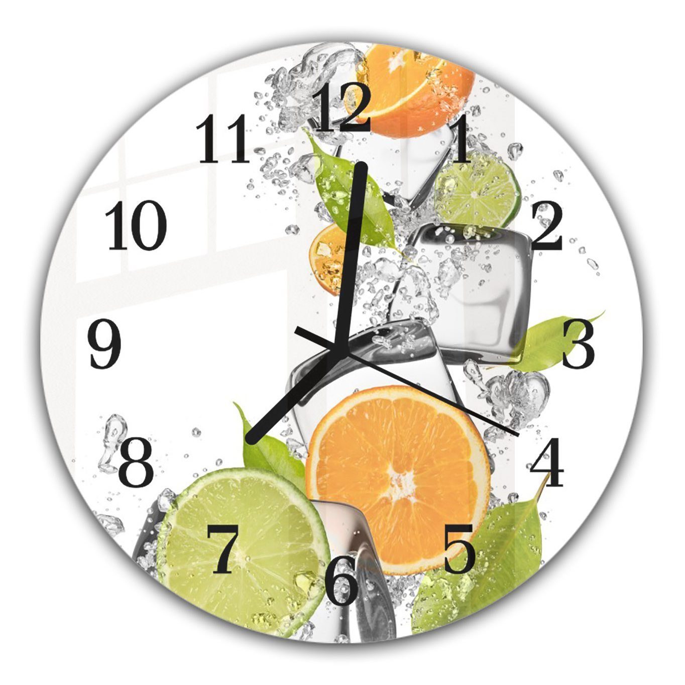 Primedeco Wanduhr Wanduhr aus Glas und und - Orangen Rund Motiv cm Eiswürfel mit 30 mit mit Limetten Quarzuhrwerk Durchmesser