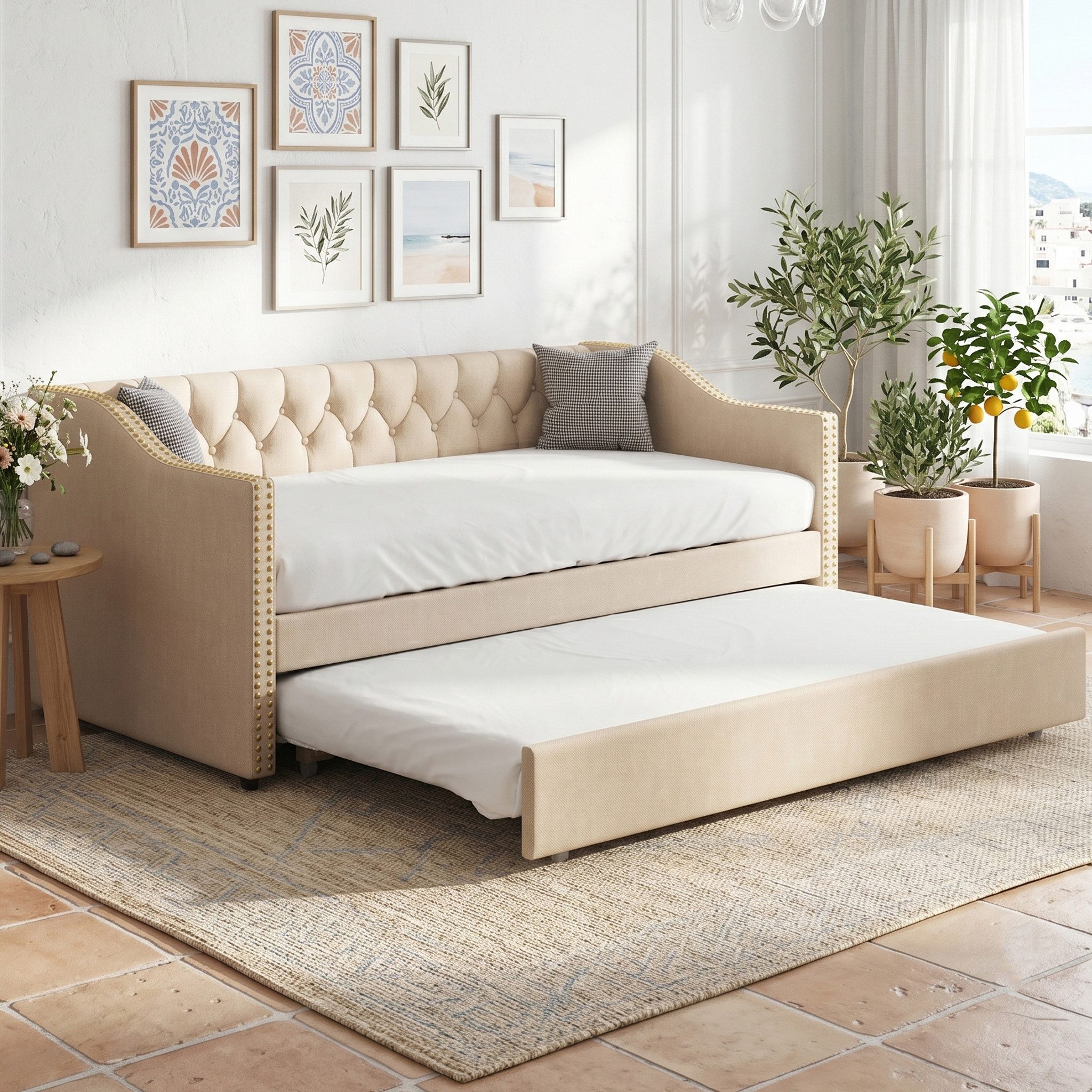 zebery Schlafsofa Daybett Polsterbett Tagesbett Ausziehbares Bett, Set 1 Teile, 90x200 cm,Ausziehbares Bettgestell,Multifunktionsbett,Leinen,Beige