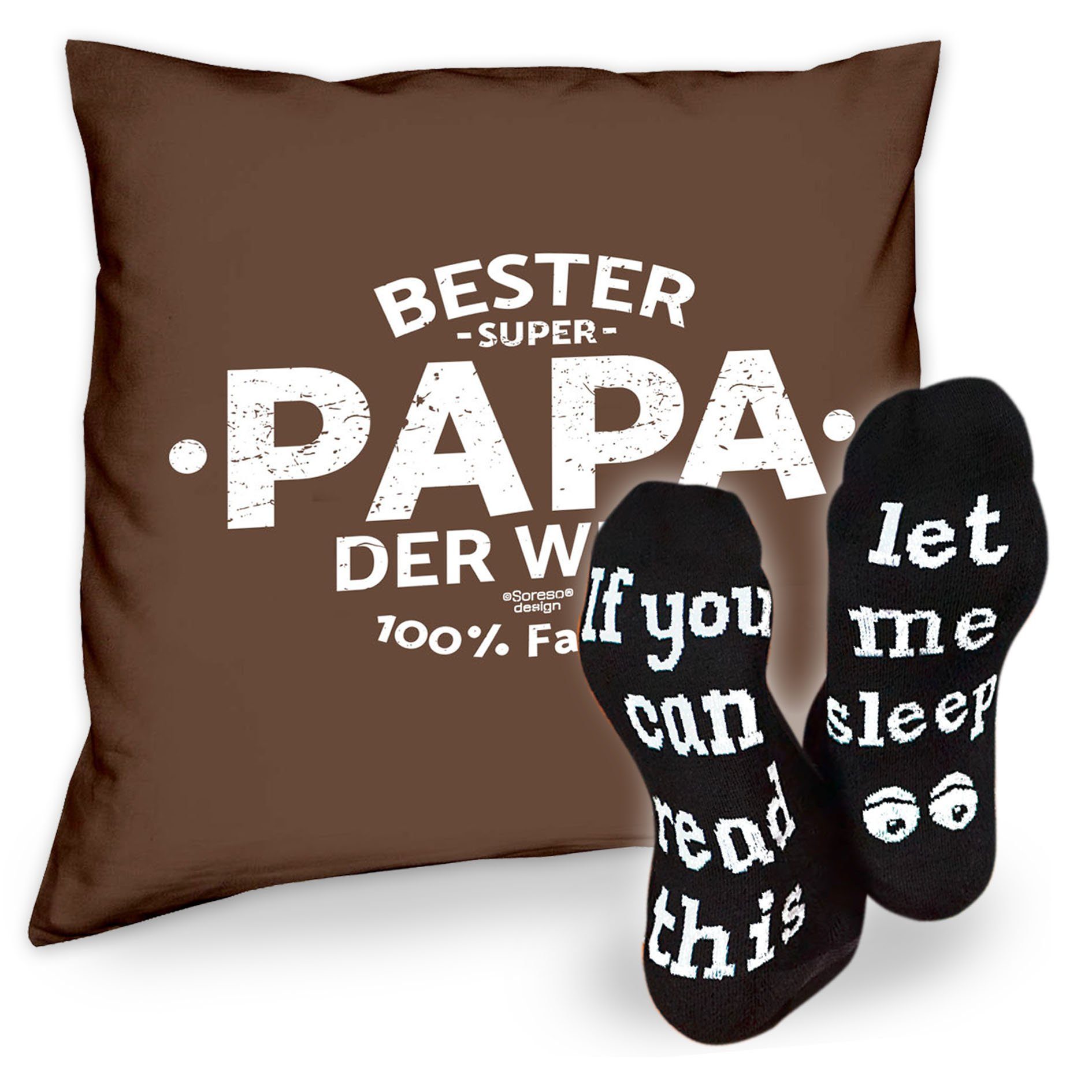 Soreso® Dekokissen Kissen Bester Papa der Welt & Sprüche Socken Sleep, Geschenke Weihnachten Geburtstag Vatertag braun