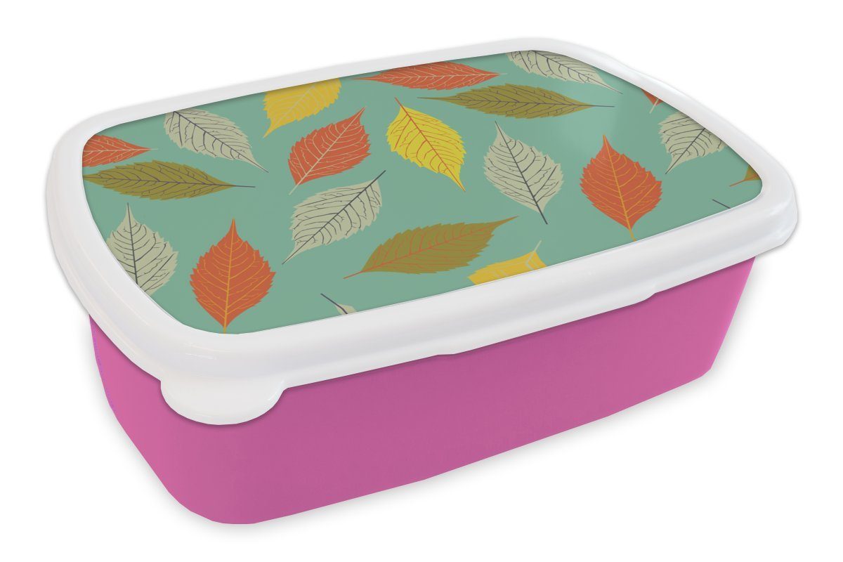 Blätter Snackbox, - Brotdose Herbst Brotbox für Kunststoff, rosa Vintage MuchoWow - - Kinder, Lunchbox Muster, Erwachsene, Pastell (2-tlg), - Mädchen, Kunststoff