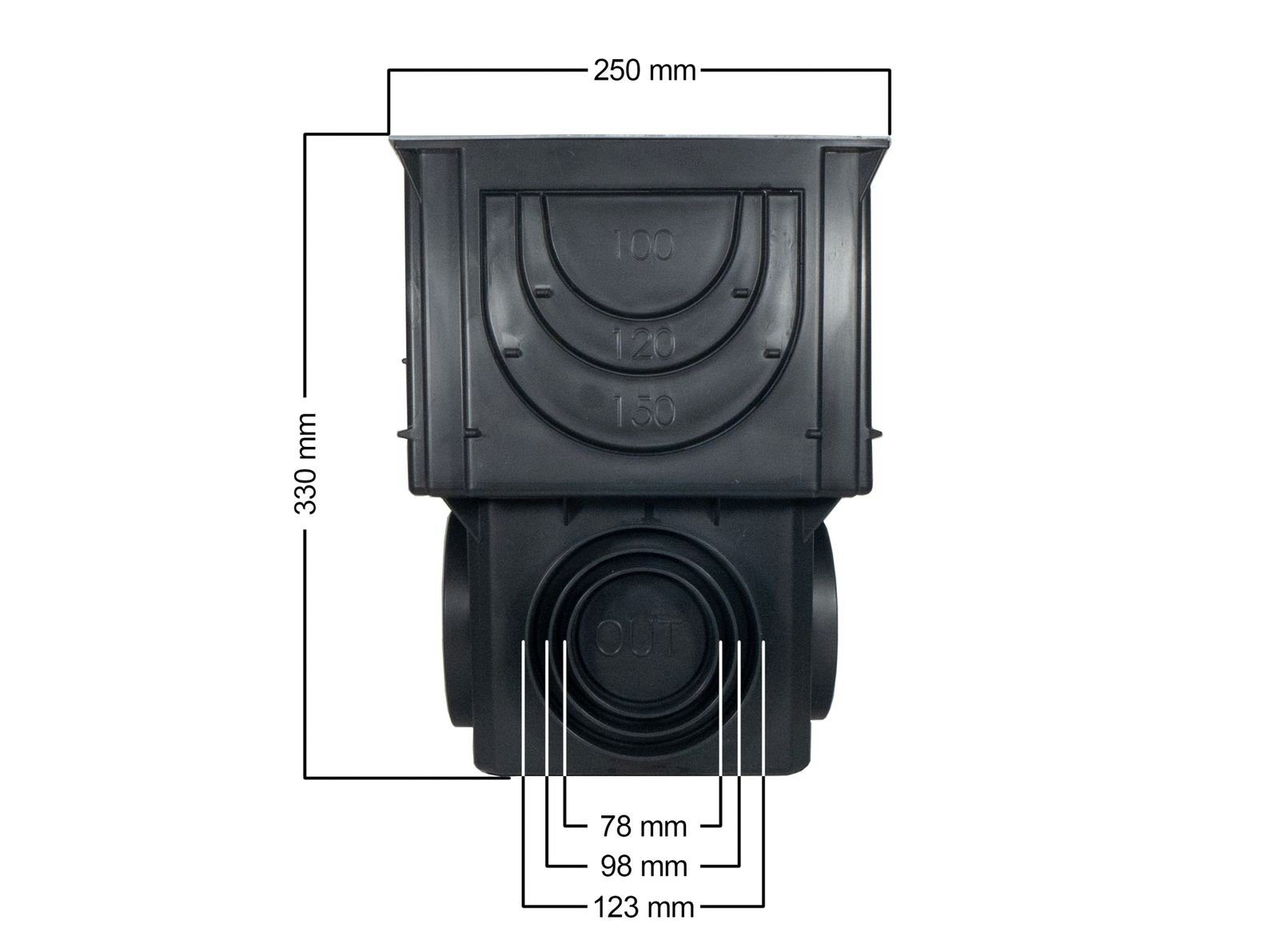 RUG Erdschacht Hofablauf mit variablem Ablauf inkl. Schlammeimer + Rost 250x250mm, 25x25x33 cm, 2-St., PKW-befahrbar, frost- und hitzebeständig