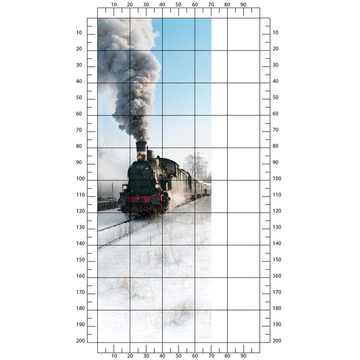 wandmotiv24 Türtapete Dampflok im Schnee, Eisenbahn, Rauch, glatt, Fototapete, Wandtapete, Motivtapete, matt, selbstklebende Dekorfolie