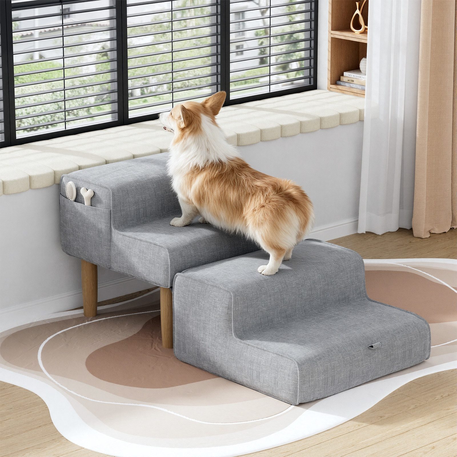 PEALOV Haustiertreppe 2-in-1 Klappbar, mit Hockerfunktion, 4 Stufen, 35 cm Hoch, Grau (2-St), Als Hocker und Fußablage verwendbar, Zusätzlicher Stauraum
