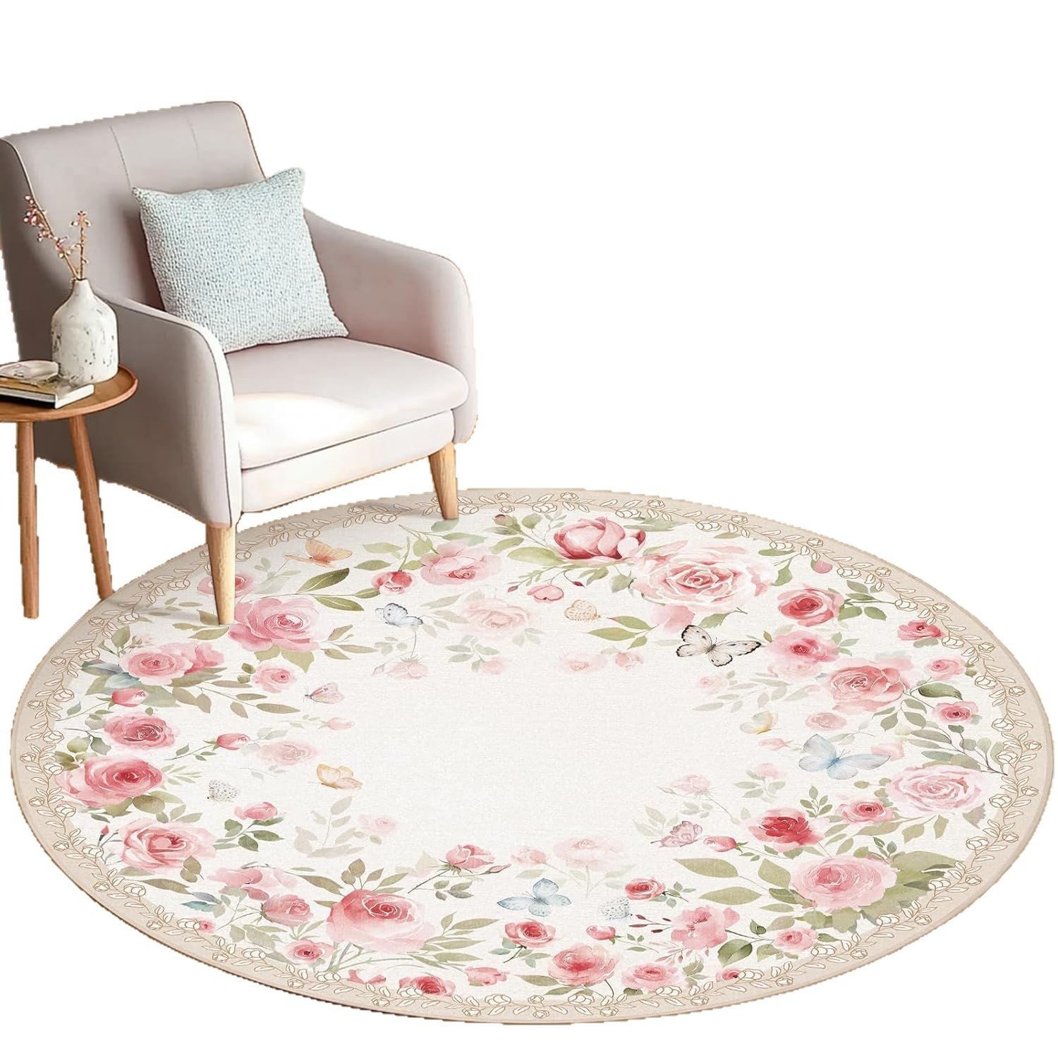 Agger Fußmatte Runde Fußmatte im Vintage-Stil, Boho-Teppich mit Blumenmuster, moderne Fußmatte für Wohnzimmer, Schlafzimmer und Esszimmer