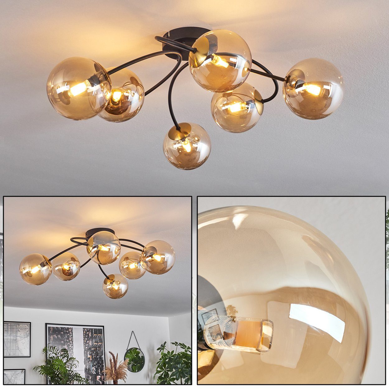 hofstein Deckenleuchte Deckenlampe aus Metall/Glas in Schwarz/Goldfarben/Bernsteinfarben, ohne Leuchtmittel, Leuchte im Retro-Design aus Glas, 6 x G9 LED, ohne Leuchtmittel