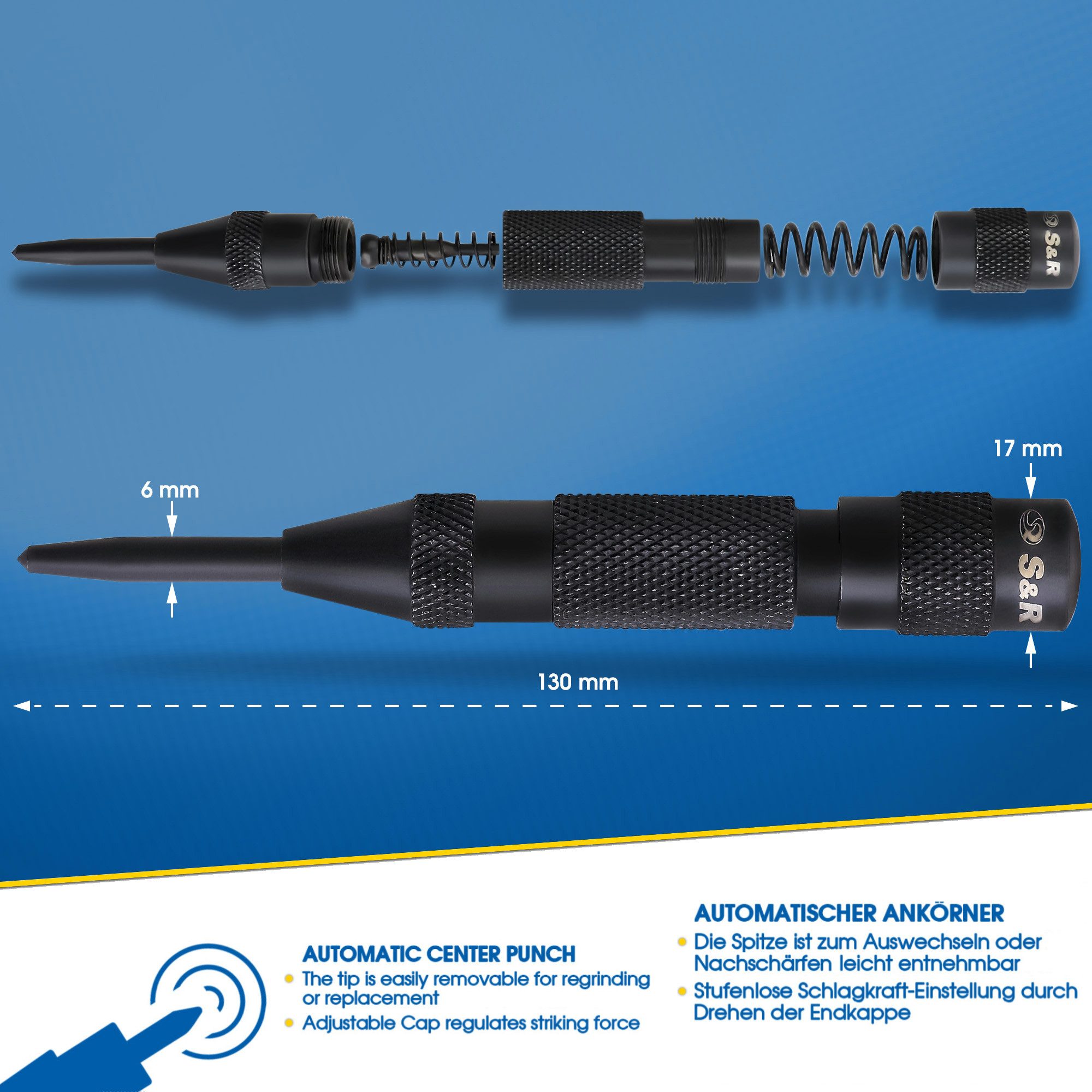 S&R Reißnadel Automatischer Ankörner 50-100 N, 130 mm, Federkörner, Cr-V, (2-St), langlebige Vollmetall-Ausführung, für Metall, Holz, Stein, Kunststoff