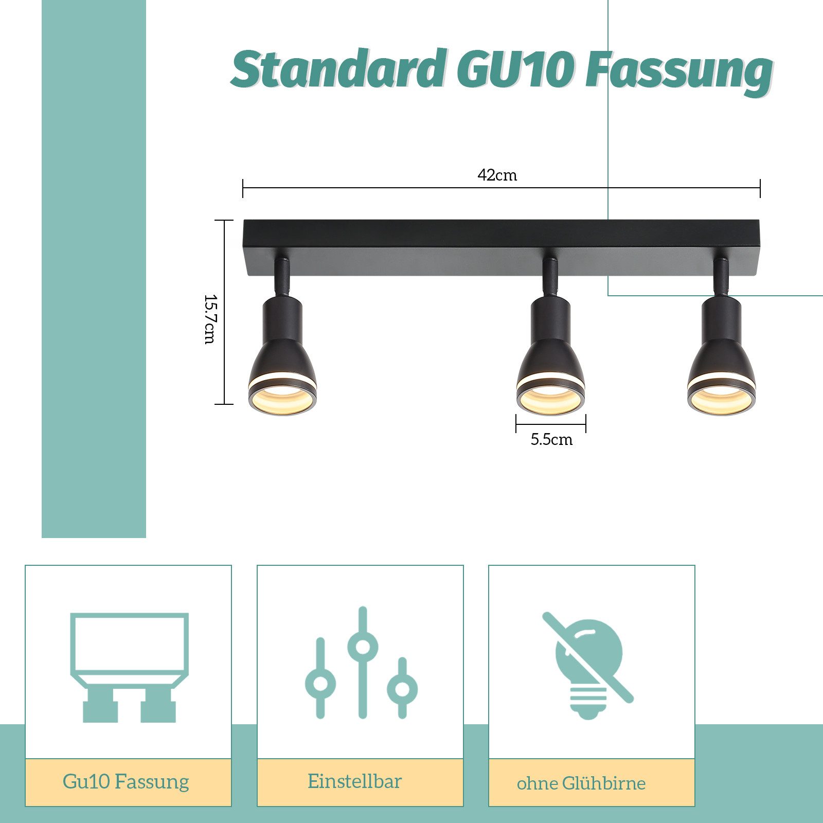 ZMH Deckenstrahler 3-Flammig Deckenlampe Metall GU10 Flurlampe für Büro Wohnzimmer, Einstellbar, ohne Leuchtmittel, Schwenkbar 355° Wandstrahler Innen
