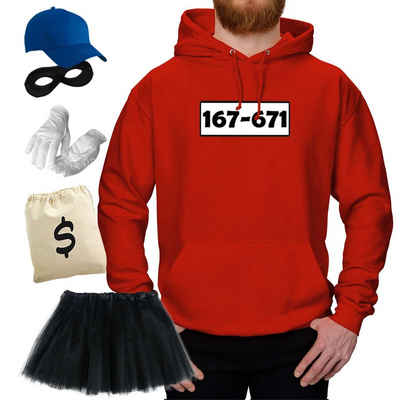 Jimmys Textilfactory Kostüm Hoodie Panzerknacker Deluxe+ Kostüm-Set Tütü Karneval Fasching XS-5XL, Shirt+Cap+Maske+Handschuhe+Beutel+Tütü schwarz