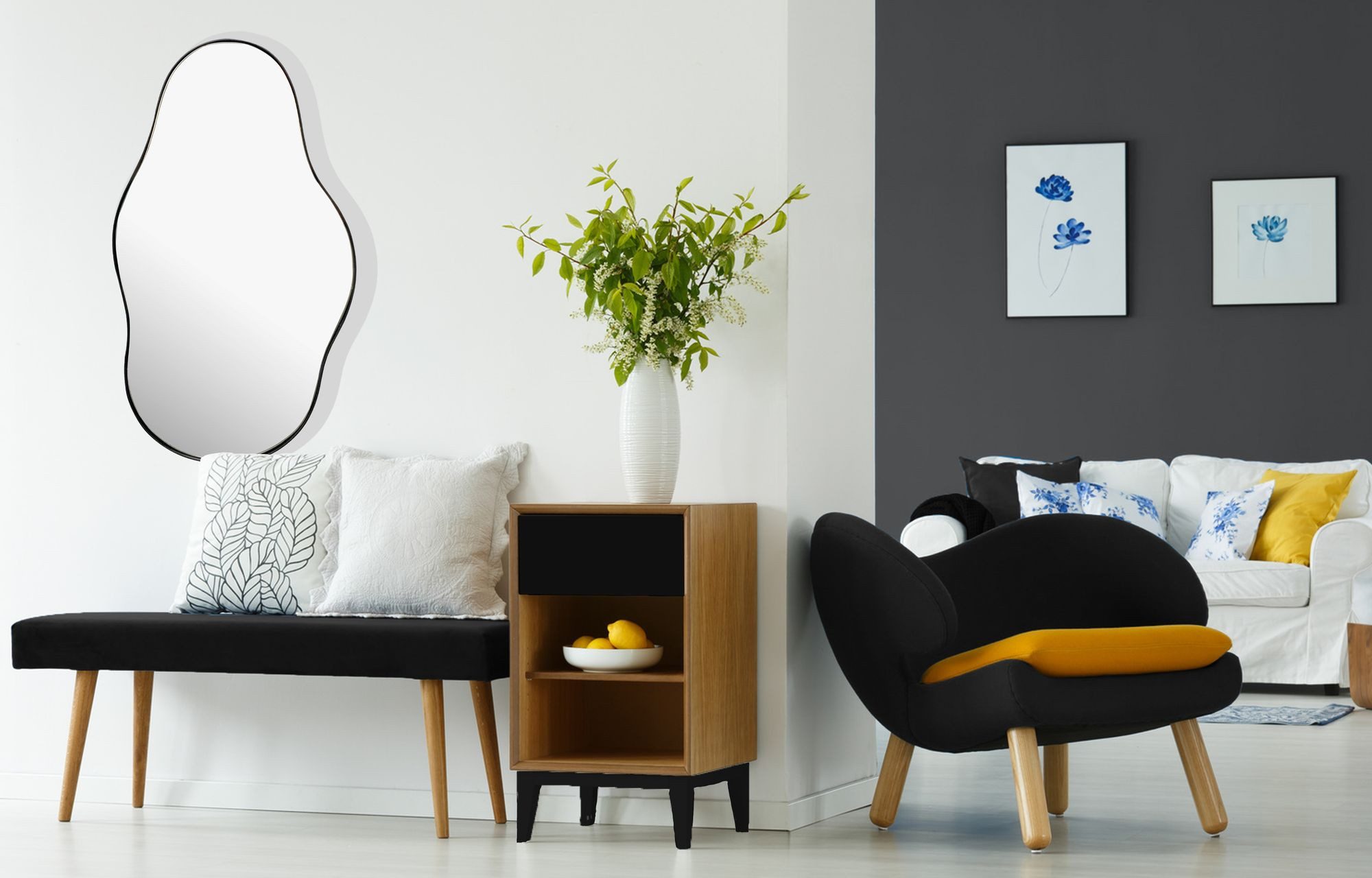 FINEBUY Wandspiegel Design in organischer Form 40x80 cm Spiegel Flur Garderobe FB102050 (Hängespiegel Modern, Flurspiegel Garderobenspiegel), Asymmetrisch 40x80 cm, Dekospiegel Wand Unförmig