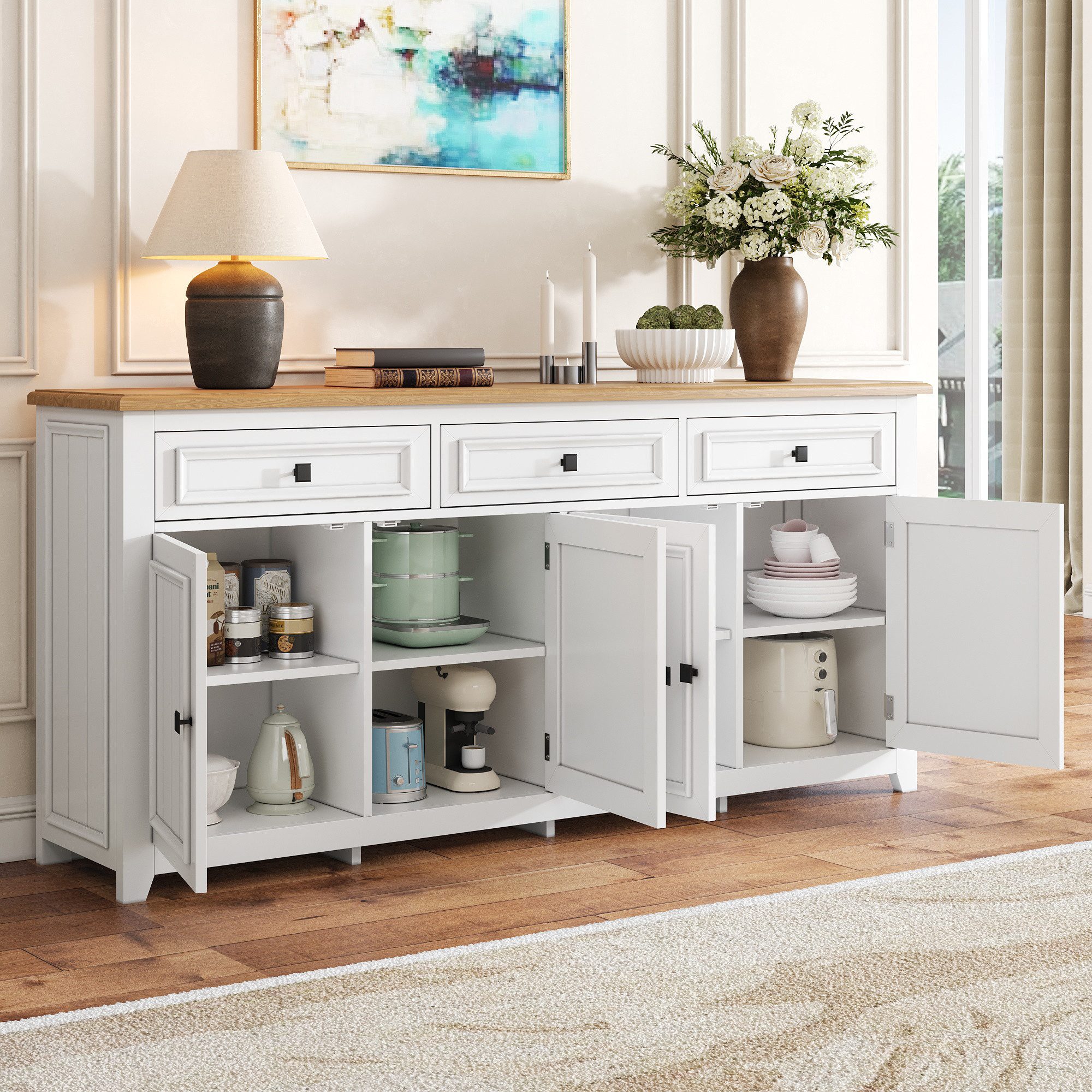 Merax Sideboard mit großzügigem Stauraum, Anrichte im modernen Minimalismus (160x35x76cm, 1 St), Kommode mit 3 Schubladen, 4 Türen & verstellbaren Einlegeböden