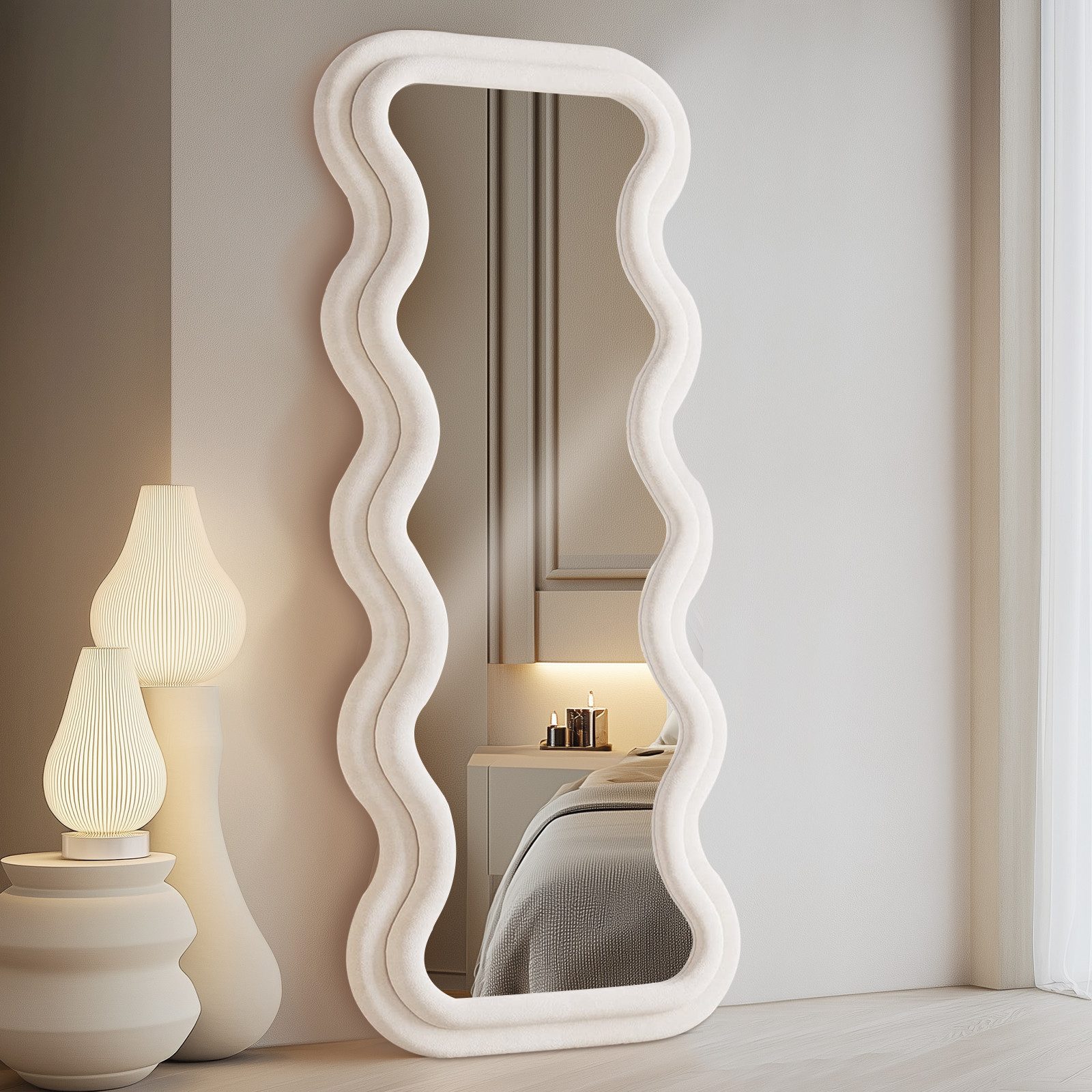 LUNAMIRROR Ganzkörperspiegel Unregelmäßig gewellter Ganzkörperspiegel, wandmontierter Standspiegel (1-St), für Schlafzimmer und Flur, 160×60cm, weiß – Bild 4 von 5