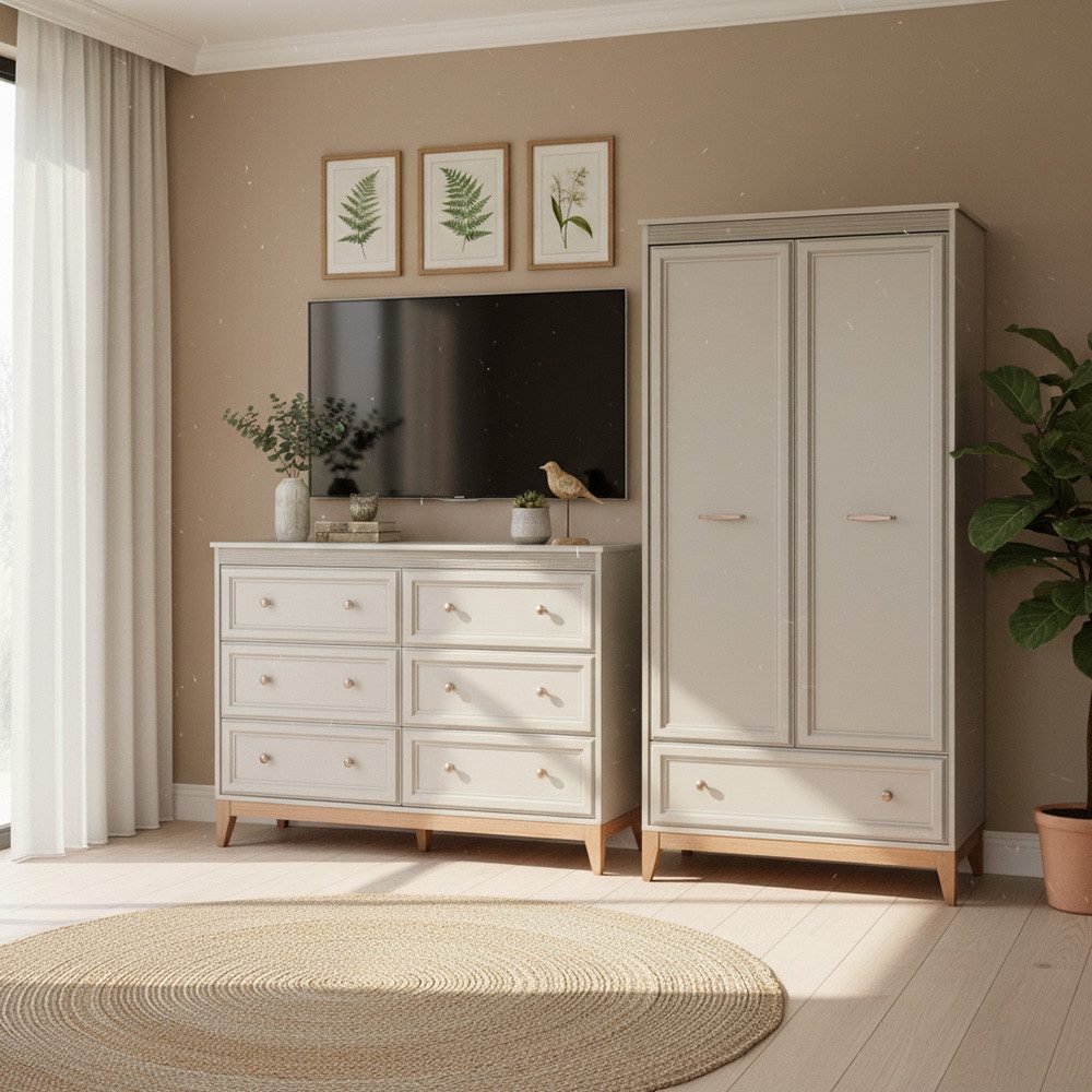 Lomadox Schlafzimmer-Set WILNA-161, (Spar-Set, 2-tlg., Vitrine Lowboard), Kaschmir, feine Profilfräsung, Massivholz Füße, Softclose-Funktion
