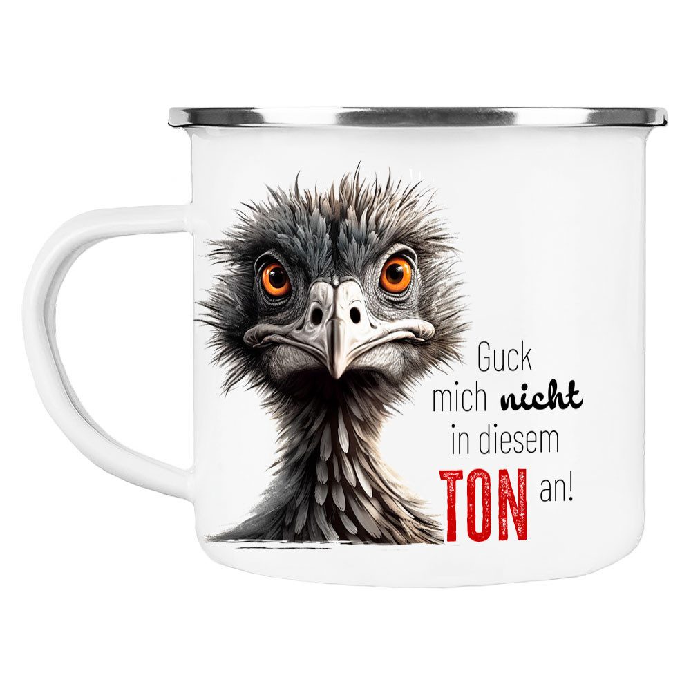 Cadouri Tasse Emaille Tasse 'Guck mich nicht in diesem Ton an' Kaffeetasse, Metall, Outdoortasse, Campingbecher Edelstahl, handgefertigt, Geschenk, 300 ml