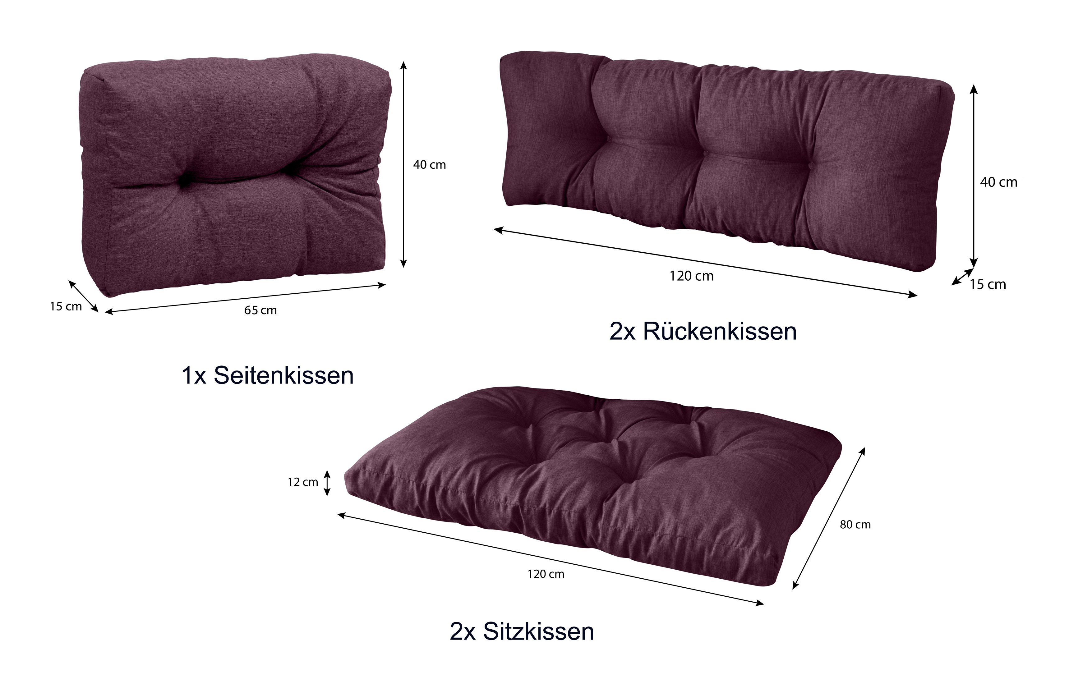 + polsterauflage 5er Palettenkissen 120 2x 80 Rückenkissen Violett Sitzkissen palettencouch palettenmöbel sunnypillow x + Seitenkissen, 2x 1x Set: