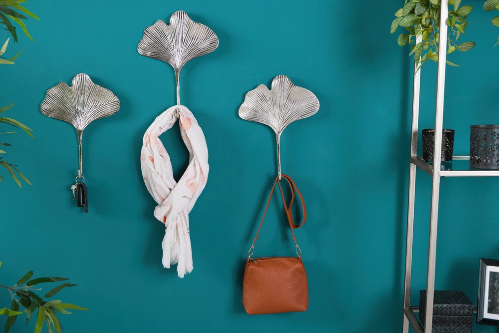 riess-ambiente Wandgarderobe GINKGO 30cm silber (Set, 3 St., 3x Kleiderhaken), Flur · Metall · Blatt · Wanddekoration · Kleiderhaken · Boho