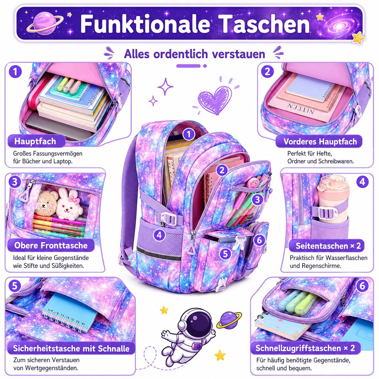 MOPUEA Schulrucksack Set 3-tlg Schultasche Wasserabweisend Viele Fächer (Set, 3-tlg., Geräumiges und funktionales Design), Praktisches Set mit Federmäppchen und – Bild 3 von 5