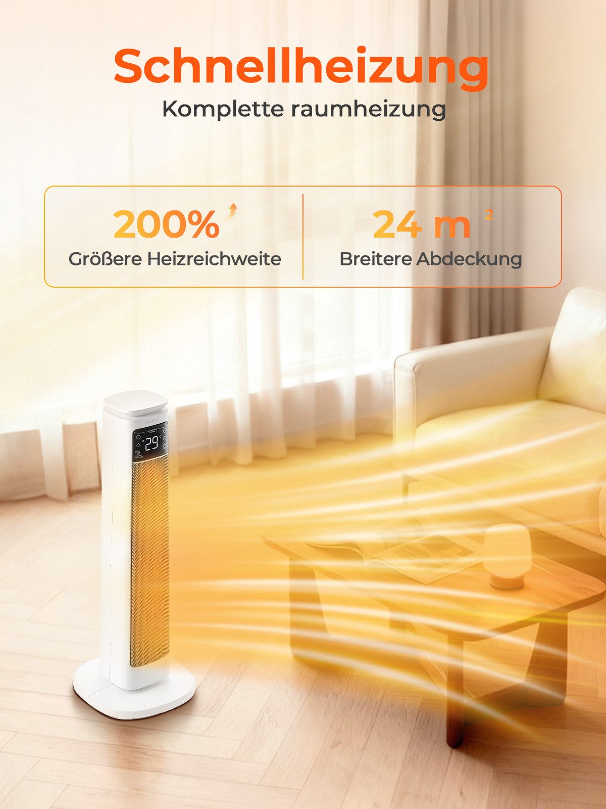 FOHERE Heizlüfter 4-in-1 Heizlüfter Energiesparend, 2000W PTC Elektroheizung, 70° Oszillation, Fernbedienung, Kipp- & Überhitzungsschutz