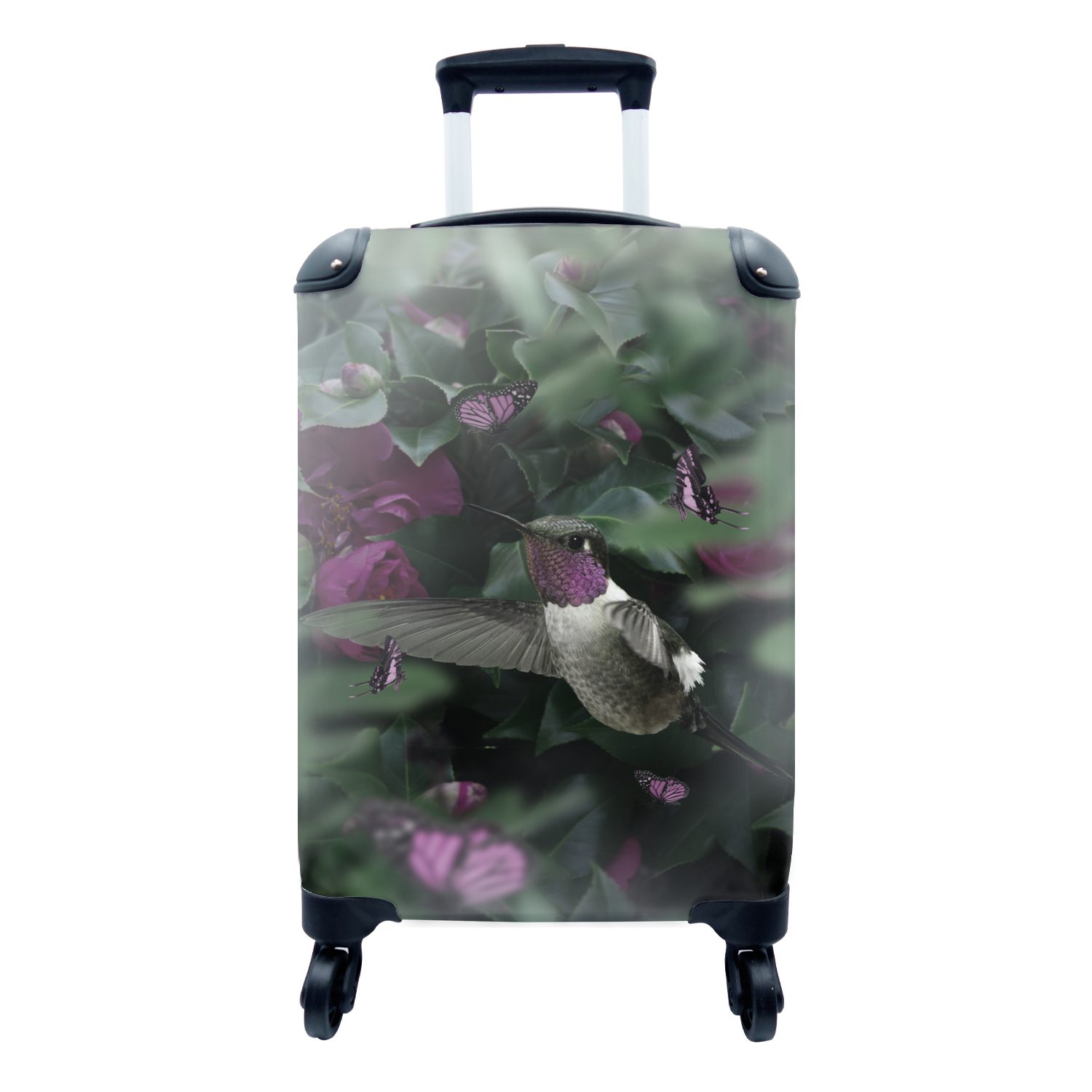 MuchoWow Handgepäckkoffer Kolibri - Lila - Rosen, 4 Rollen, Reisetasche mit rollen, Handgepäck für Ferien, Trolley, Reisekoffer