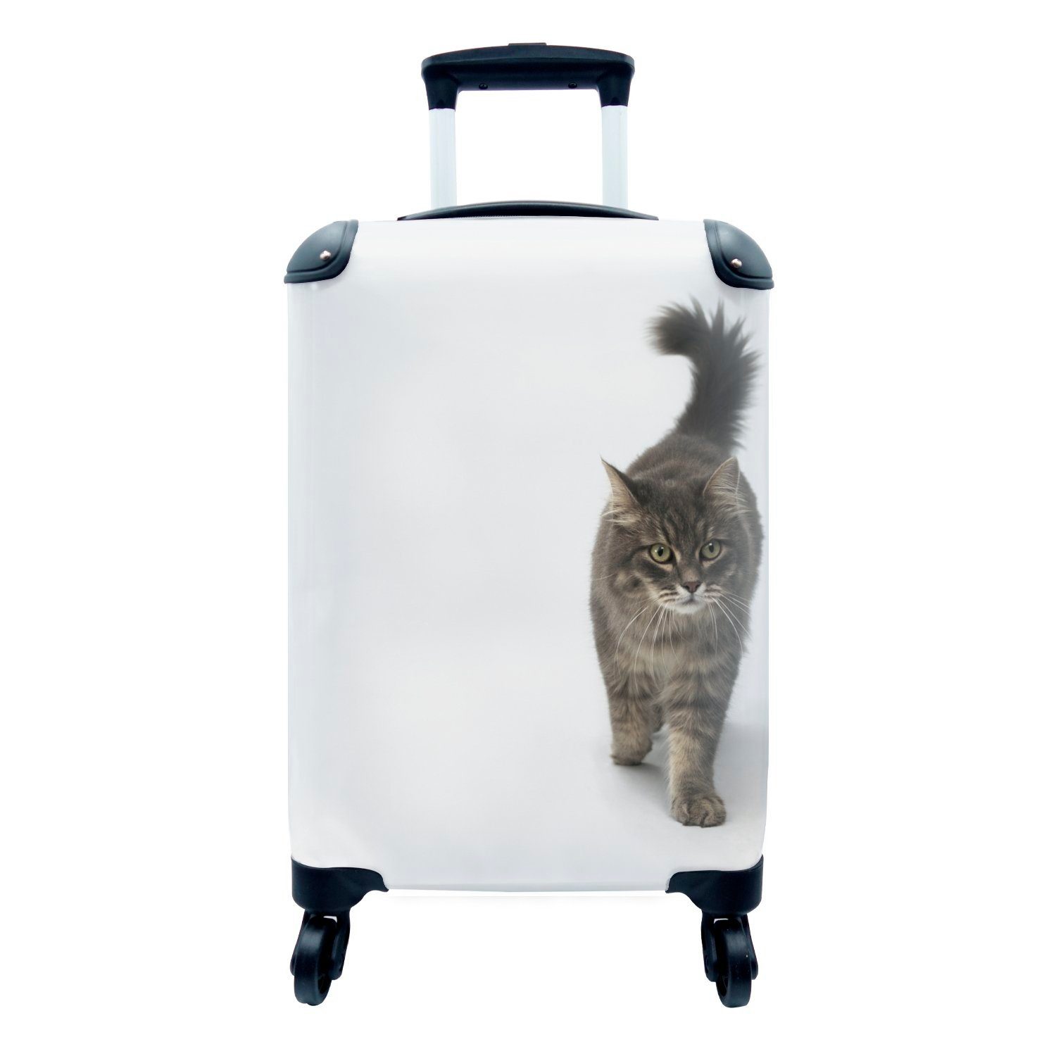 Katze auf weißem Rollen, mit Reisetasche für rollen, Trolley, Handgepäck MuchoWow Ferien, Hintergrund, läuft 4 Reisekoffer Handgepäckkoffer