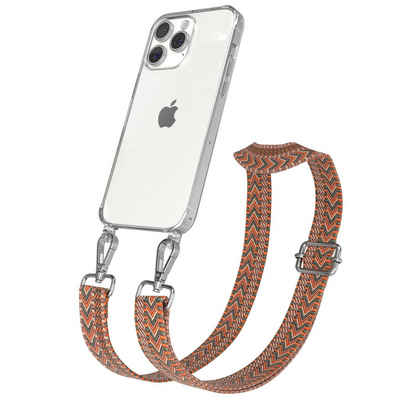 EAZY CASE Handykette Silikonhülle mit Kette für Apple iPhone 15 Pro Max 6,7 Zoll, schmaler Gürtel Kordel transparenter Silikonhülle Umhängetasche Orange