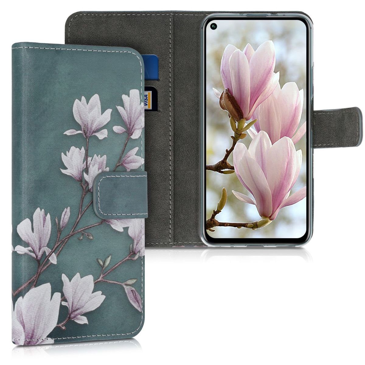 Hülle mit Ständer Handyhülle Kartenfächer Grau Schwarz kwmobile Wallet Case kompatibel mit Huawei Nova 