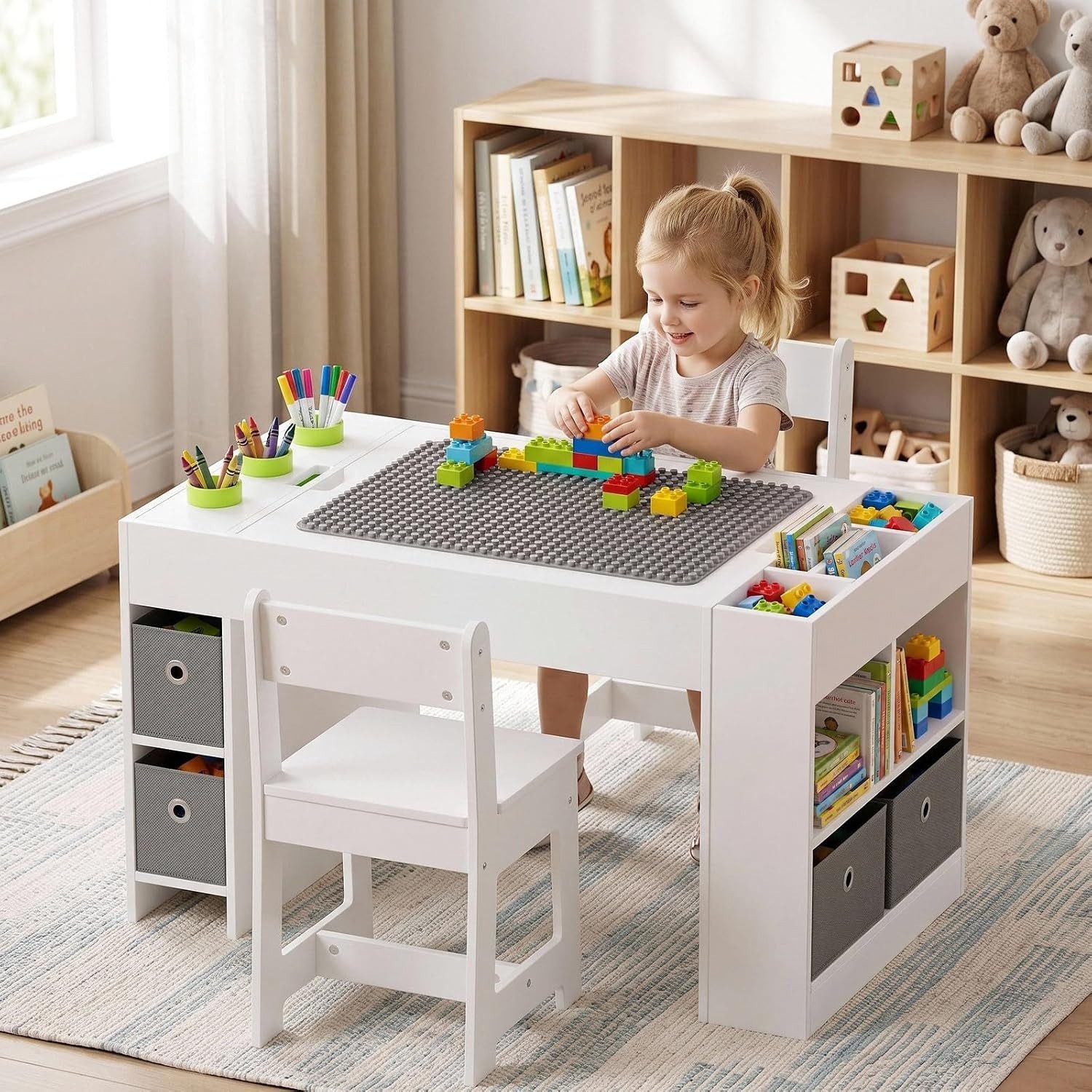 TLGREEN Kindersitzgruppe Kindertisch mit 2 Stühlen, 87×50×50cm, (Multifunktionaler Aktivitätstisch mit wendbarer Doppeltischplatte, Bauplatte & Seitlicher Kreidetafel, Stauraum mit Aufbewahrungsboxen), MDF Spieltisch Maltisch Basteltisch für Kinder ab 3 J