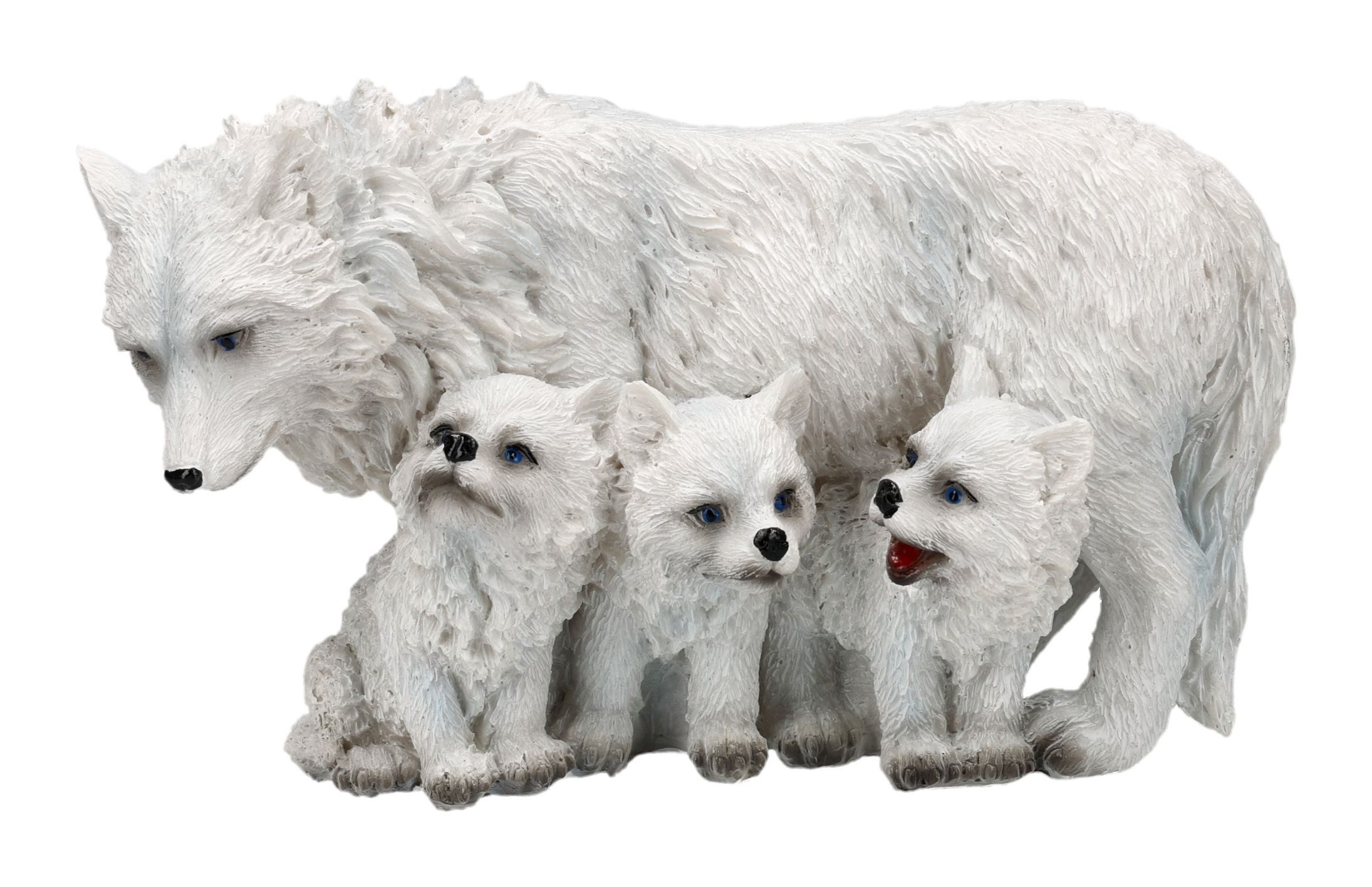 Figuren Shop GmbH Tierfigur Wolfsfigur – Weiße Wolfsmutter mit drei Welpen Statue 14,5 cm Deko