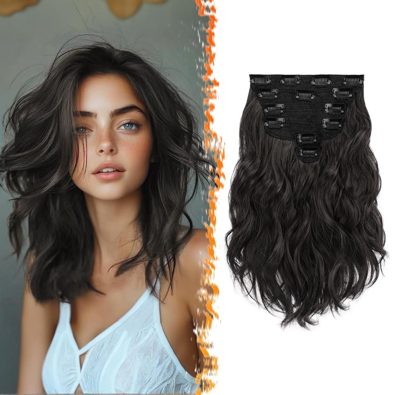 Kunsthaar-Extension Clip in Haarverlängerungen Schwarz Braun 30cm Wellige Extensions 6PCs