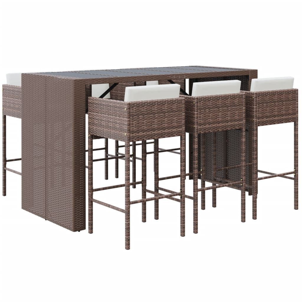 vidaXL Gartenlounge-Set 7-tlg. Gartenbar-Set mit Kissen Braun Poly Rattan, (7-tlg)
