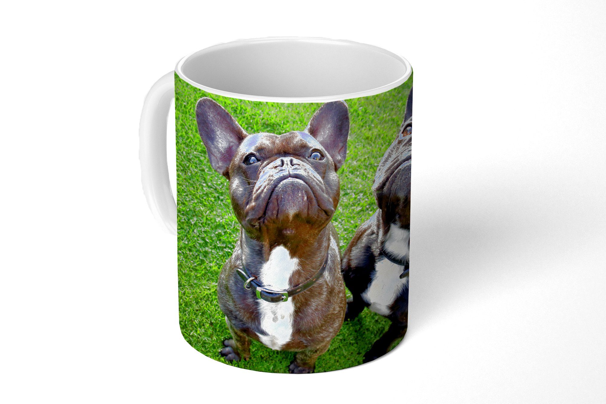 MuchoWow Tasse Französische Bulldogge - Gras - Halsband, Keramik, Kaffeetassen, Teetasse, Becher, Teetasse, Geschenk