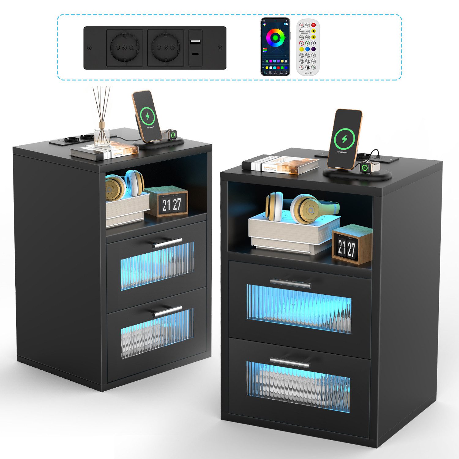 Nachtkommode Nachttisch mit einstellbarer LED-Beleuchtung, Steckdosen
