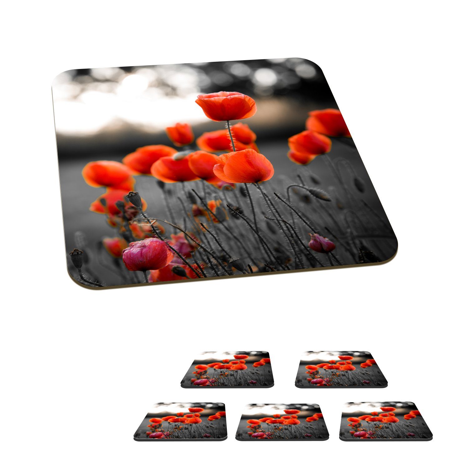 MuchoWow Glasuntersetzer Rote Mohnblumen vor schwarzem und weißem Hintergrund, Zubehör für Gläser, 6-tlg., Glasuntersetzer, Tischuntersetzer, Korkuntersetzer, Untersetzer, Tasse