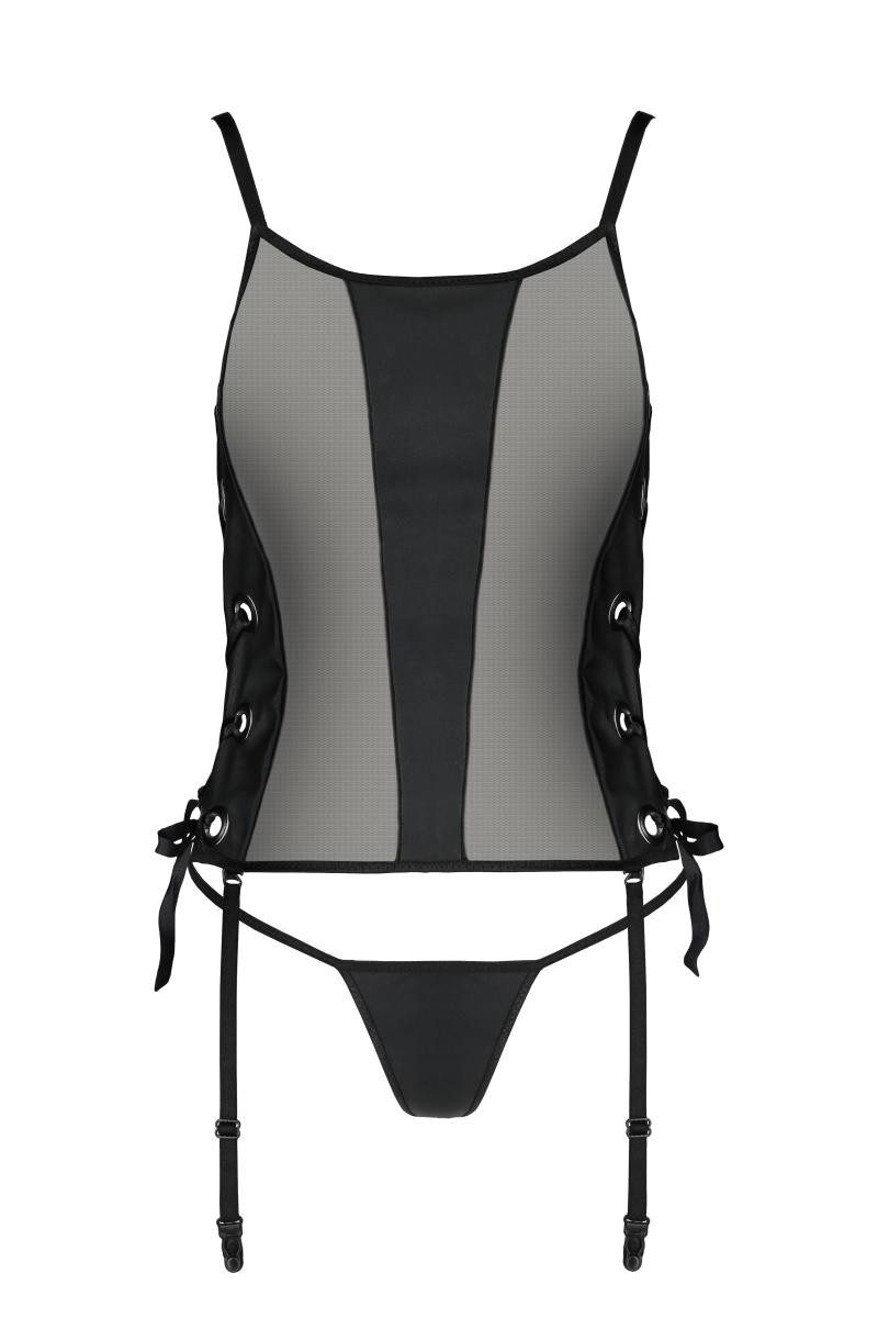Passion Dessous Strapsgürtel Schwarzes Kunstleder Corset Strapshemd transparent inkl String aus Net