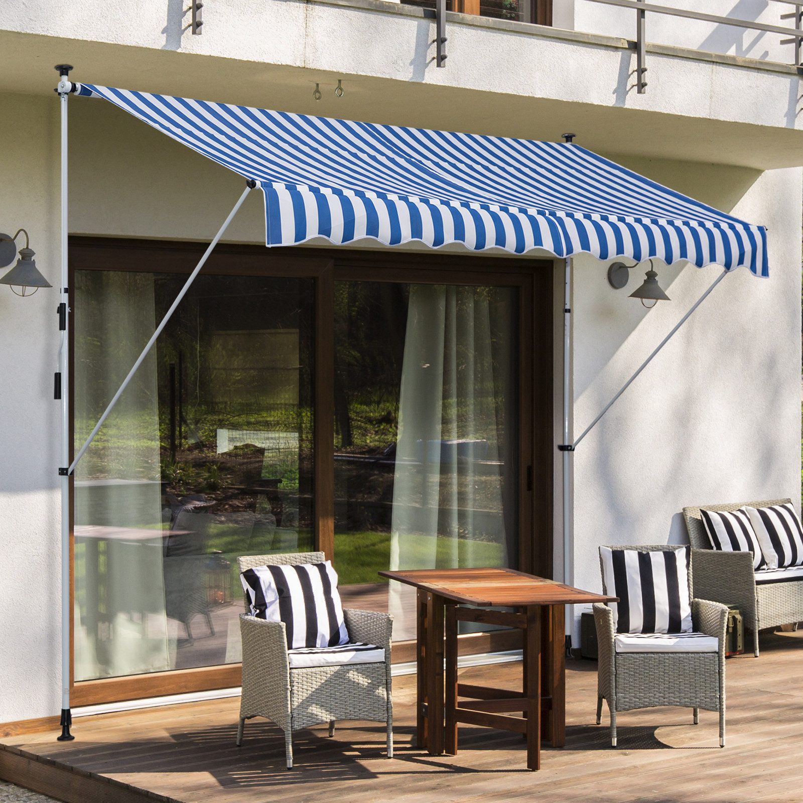 Outsunny Markise Balkonmarkise 150cm breit Terrassenmarkise für Terrasse Veranda (Klemmmarkise, 1-St., Gelenkarmmarkise) für Garten, Balkon, Blau+Weiß