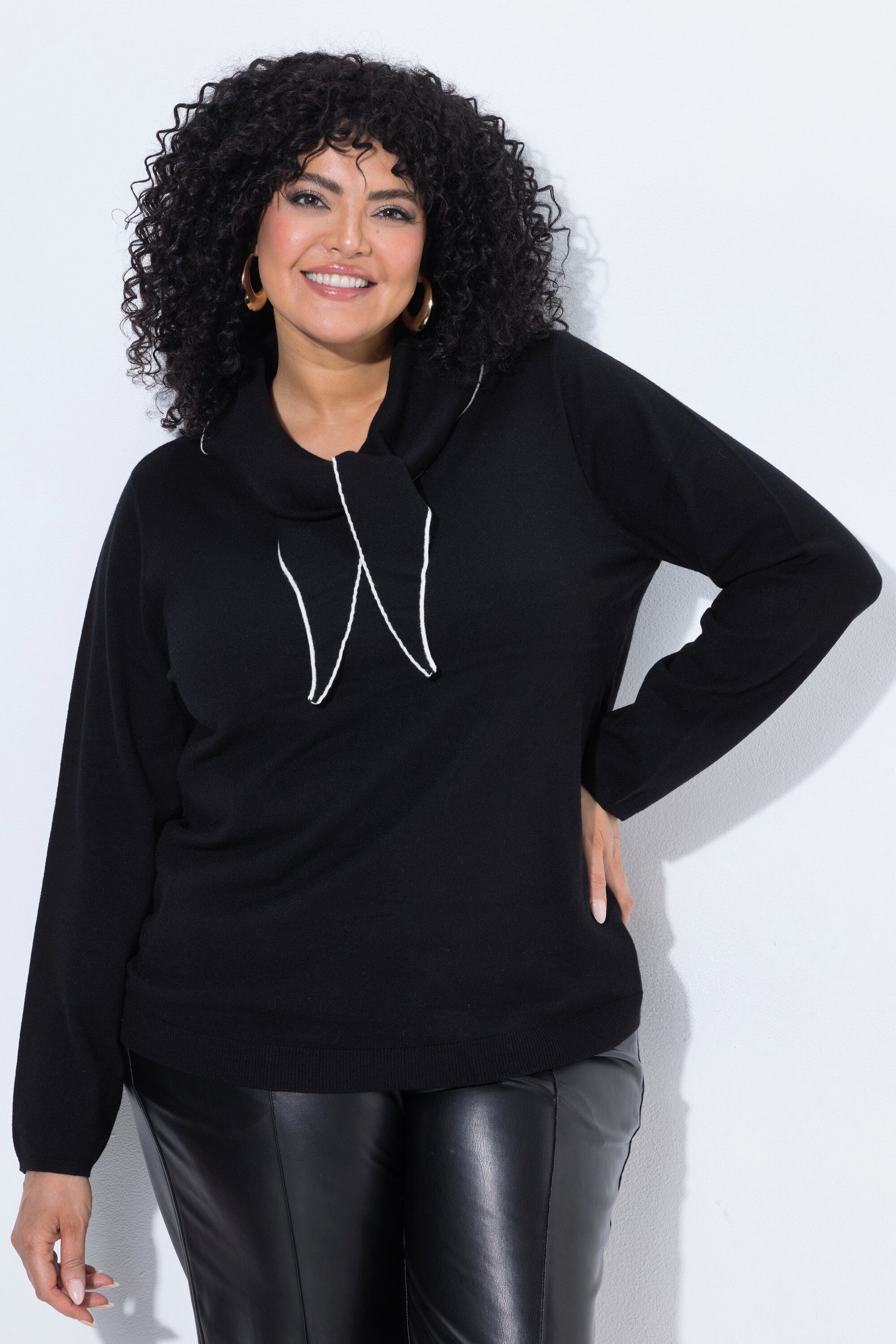 Ulla Popken Strickpullover Pullover Schal-Detail V-Ausschnitt Langarm