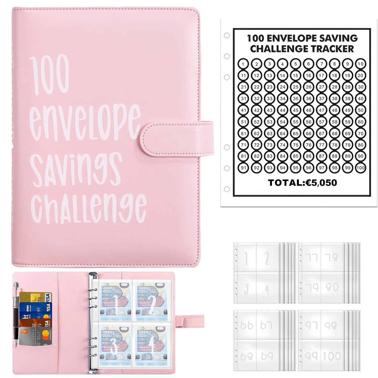 BlingBin Ringbuchmappe Geldsparbinder Budget Planner, 100 Umschläge A5-Spar-Challenge-Ordner (1er Set, 1-St., 25 Blatt Vierer-Kartonfolie + ein Blatt 100-Tage-Kartonpapier), Budgetplaner Geld Organizer Sparbuch, Finanzplaner, für Zuhause Schule